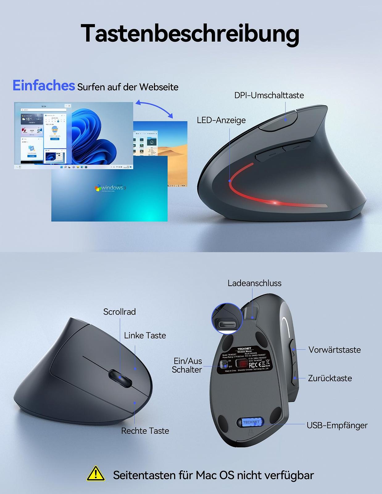 Мышь TECKNET Беспроводная, эргономичная, вертикальная, оптическая, 2.4G, до 4800 DPI, 6 кнопок, фото №8