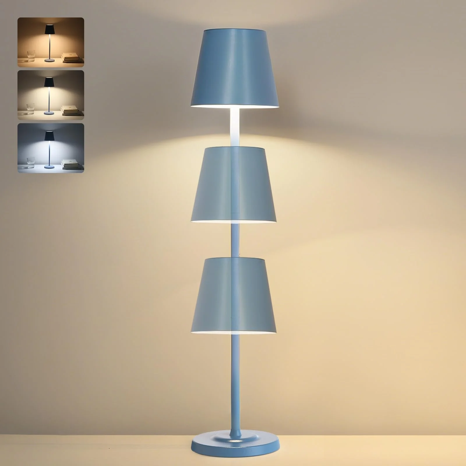 Настільна лампа 3-в-1 LED бездротова з акумулятором 5500 mAh, 3 висоти, регульована, димована, 3 кольори, металева водонепроникна сенсорна, синя [Набір із 1 шт.], фото №1