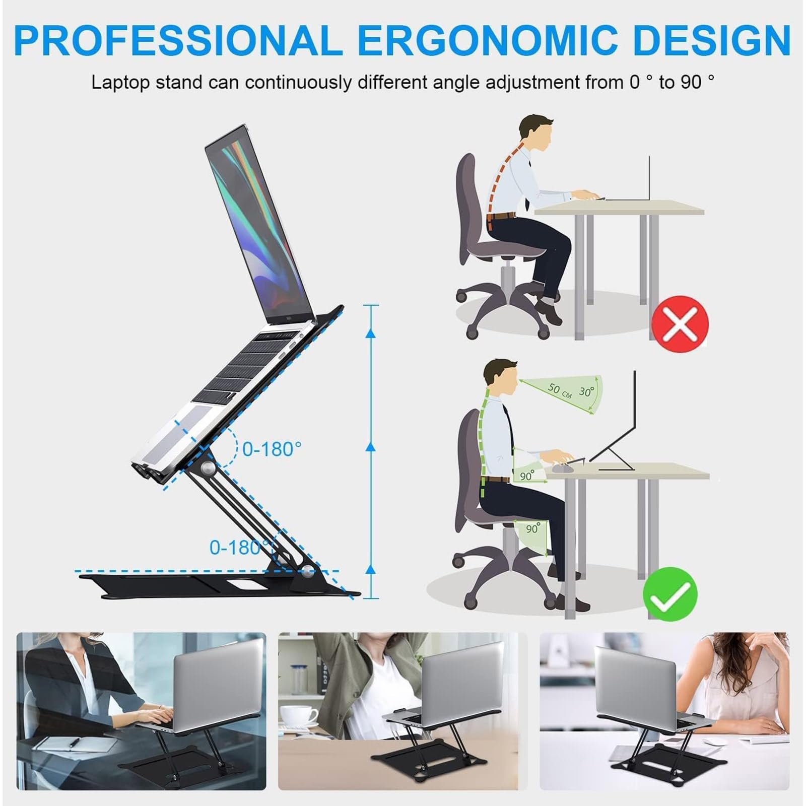 Підставка для ноутбука, регульована по висоті, складаний тримач для ноутбука, ергономічна з алюмінієвого сплаву, вентильована, фото №3