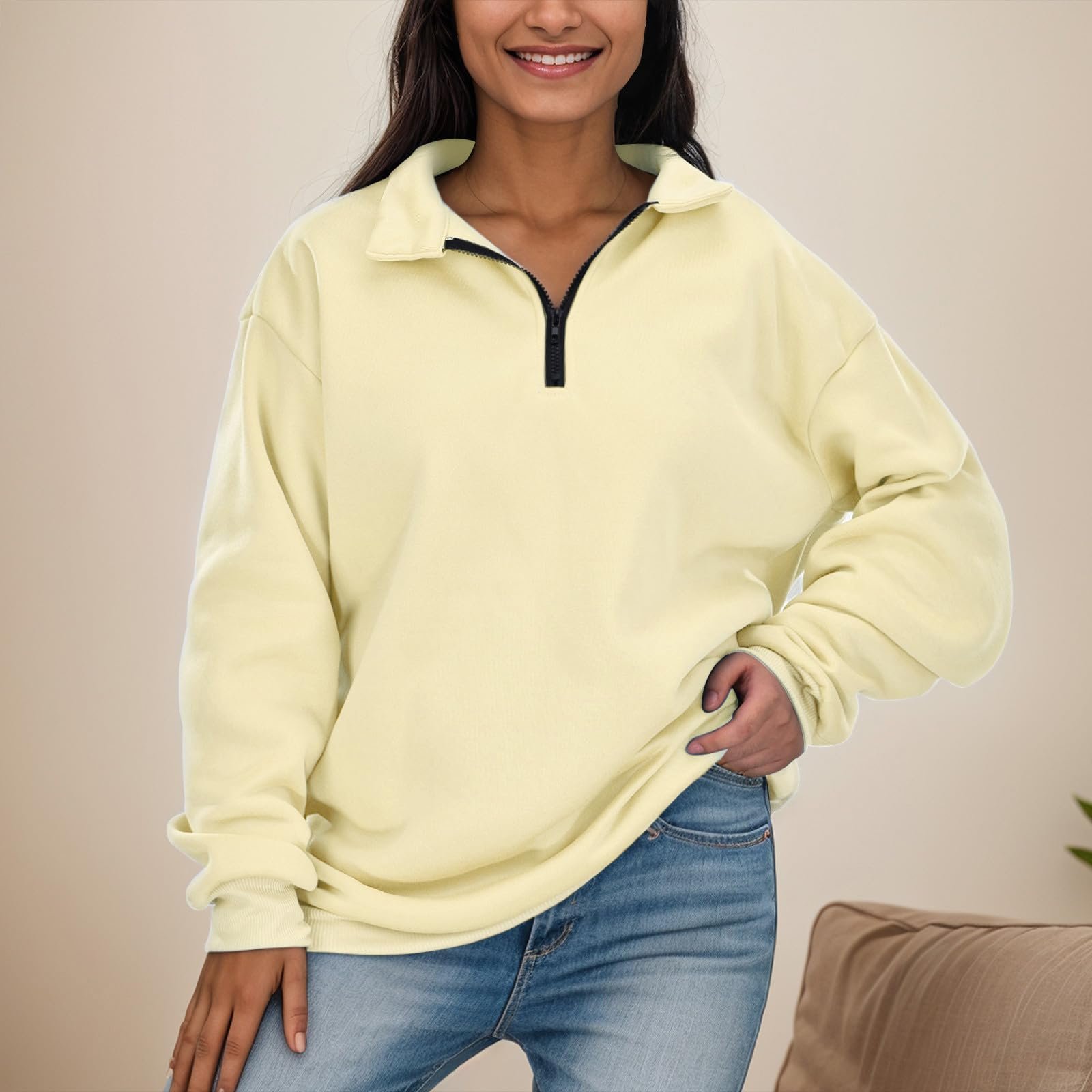 Женские свитшоты на молнии 1/4 Однотонные большие милые свитшоты свободного кроя Y2K полумолния Воротник Толстовки Колледж Лацкан Длинный рукав 2025, фото №6 Женские свитшоты на молнии 1/4 Однотонные большие милые свитшоты свободного кроя Y2K полумолния Воротник Толстовки Колледж Лацкан Длинный рукав 2025, фото №6