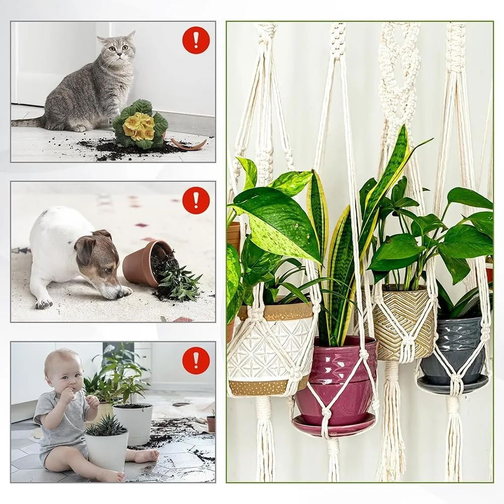 Подвесное кашпо макраме Хлопковая веревка с кисточками Бежевое Набор из 2 шт., фото №5