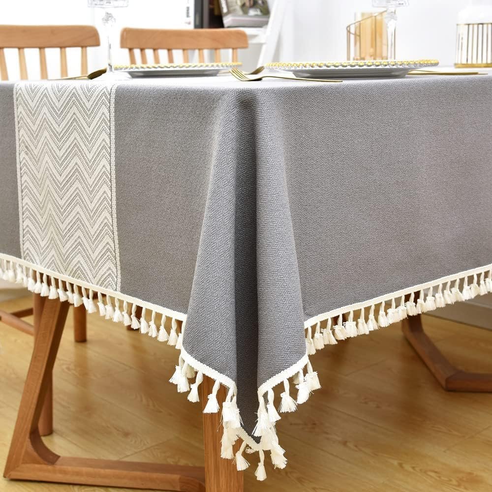 Скатертина мийна Yofori Boho 135 x 135 см квадратна бавовна/поліестер сіра з китицями, фото №6