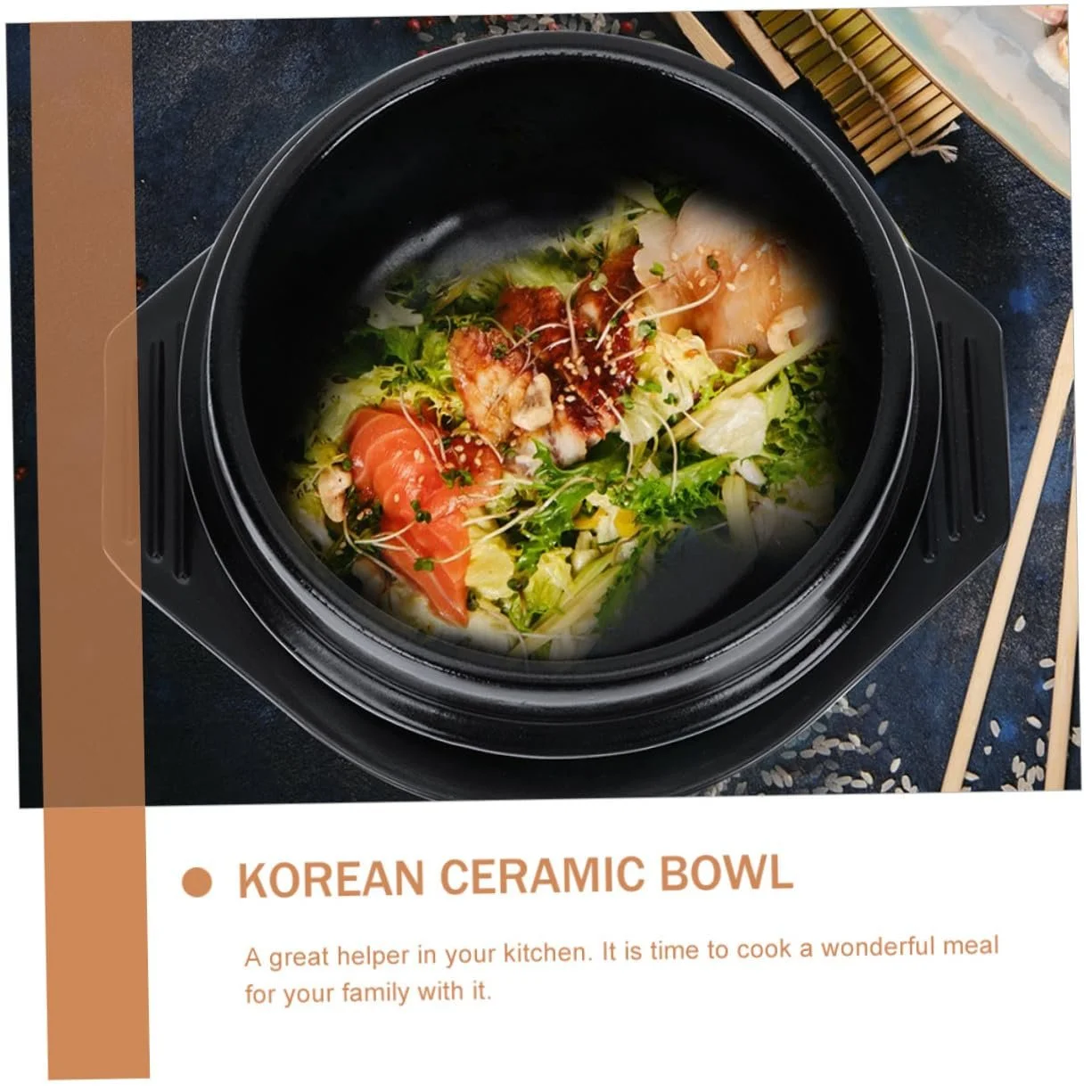 Чаша керамическая Lurrose корейская с двойной ручкой и подставкой термостойкая круглая для бибимбапа и супа, фото №6