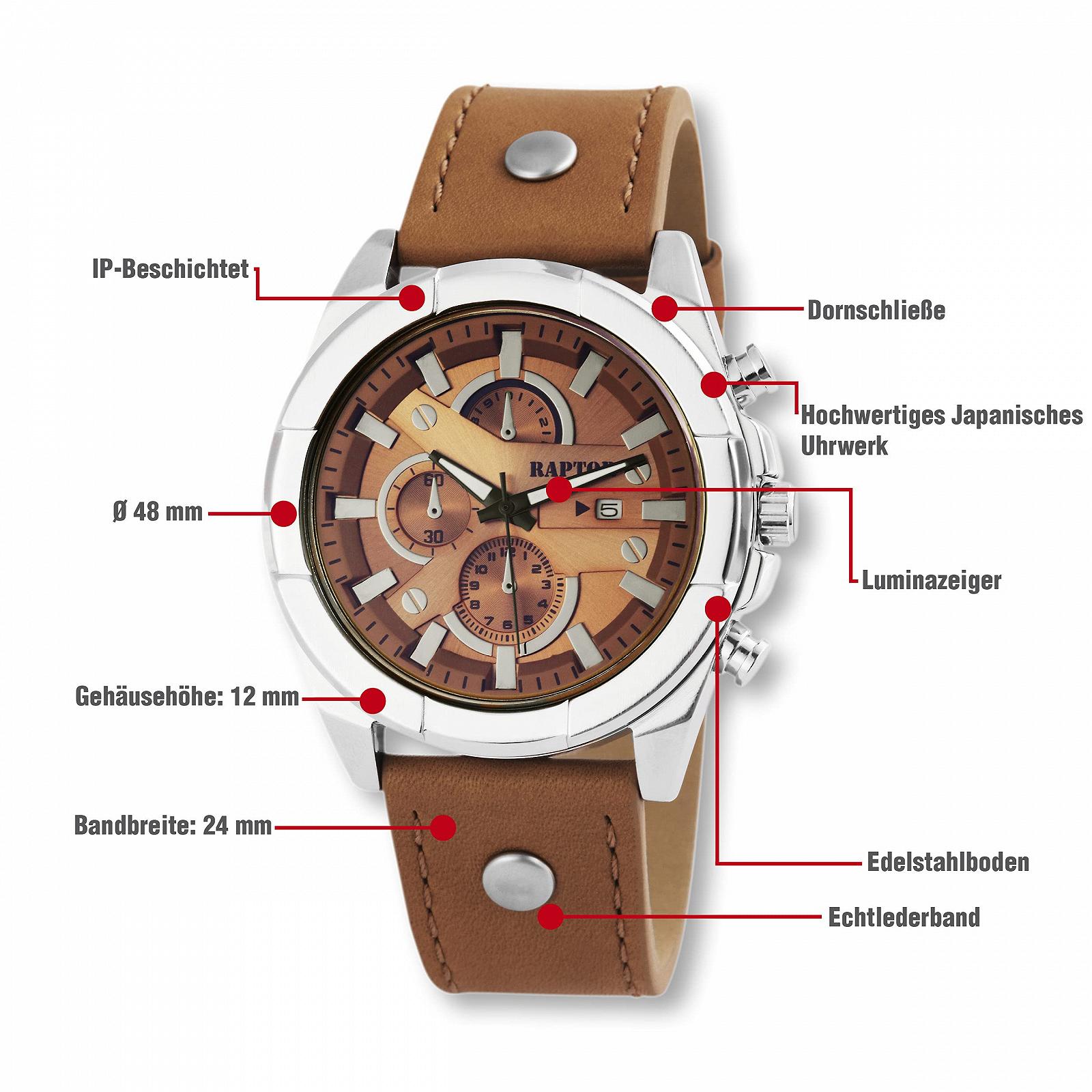 Мужские часы Chrono-Look Raptor с браслетом с заклепками, коричневый, аналоговый дисплей даты, 26 см, 48 мм, 24 см, разноцветный, ремешок., фото №4