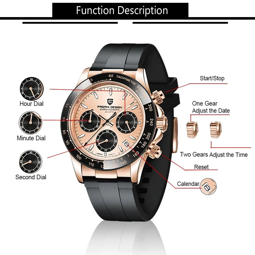 Часы Pagani Design Мужские VK63 Механизм Daytona Chronograph Homage Кварцевые Керамический Безель Нержавеющая Сталь Спортивный Резиновый Ремешок Водонепроницаемые Дайвинг, фото №3