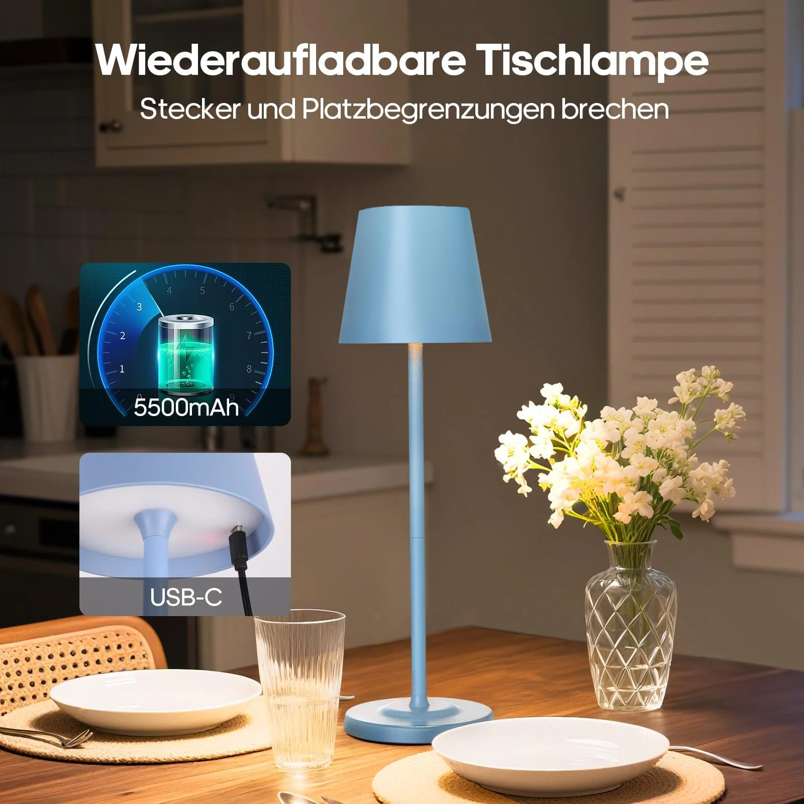 Настільна лампа 3-в-1 LED бездротова з акумулятором 5500 mAh, 3 висоти, регульована, димована, 3 кольори, металева водонепроникна сенсорна, синя [Набір із 1 шт.], фото №4