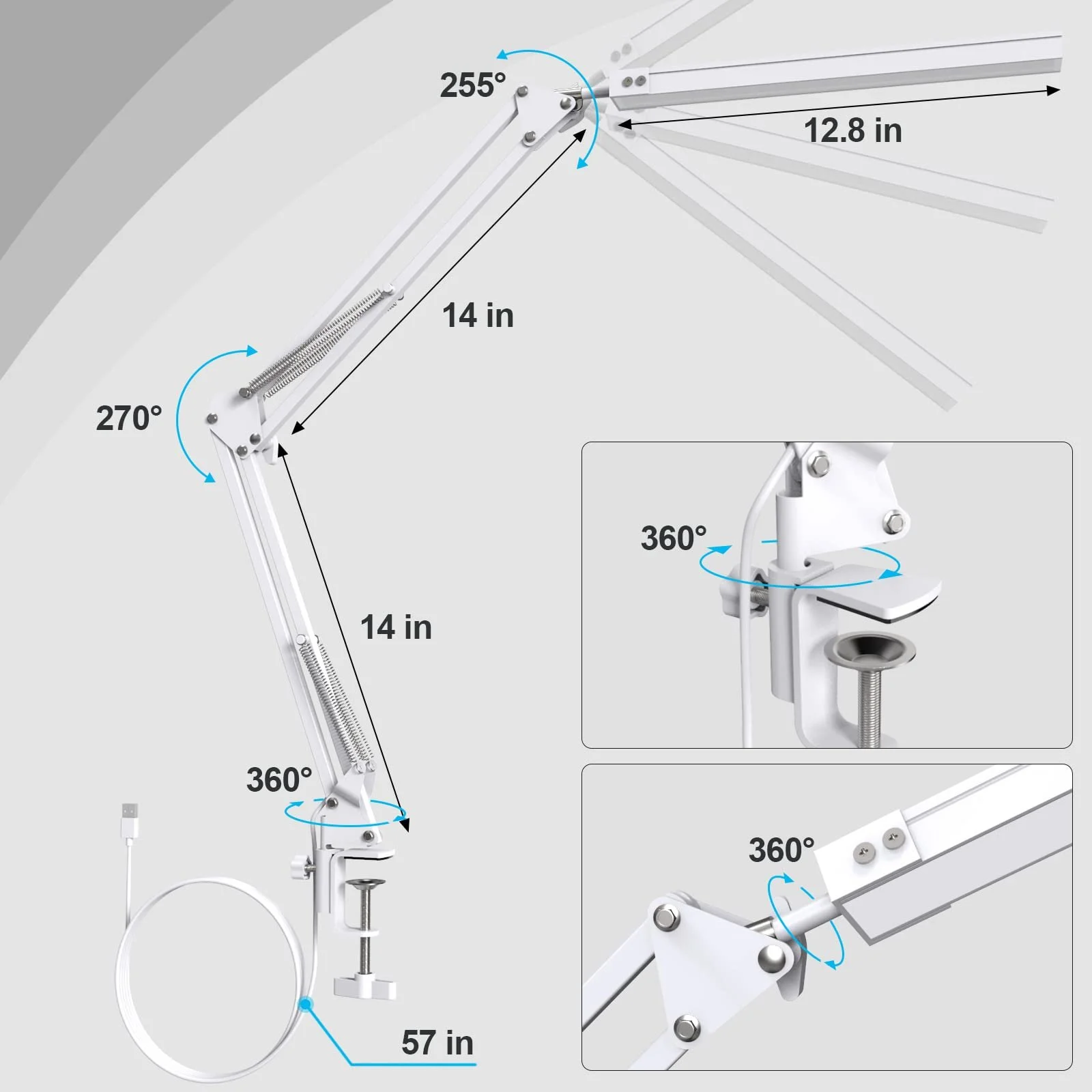 Настільна лампа SKYLEO Dimmable з кліпсою та підставкою LED 3 режими 10 рівнів яскравості Біла, фото №3