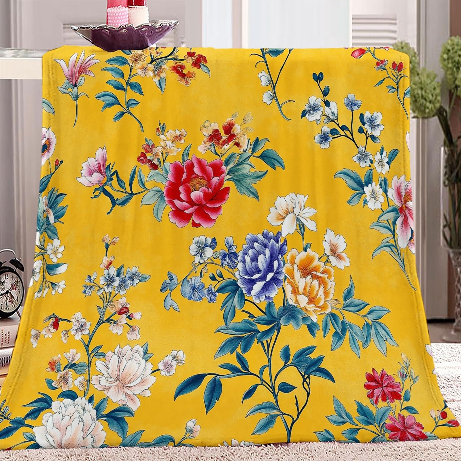 Фланелева Покривало Жовта плюшева фланелева Покривало з теплими китайськими традиційними елегантними квітами, фото №1