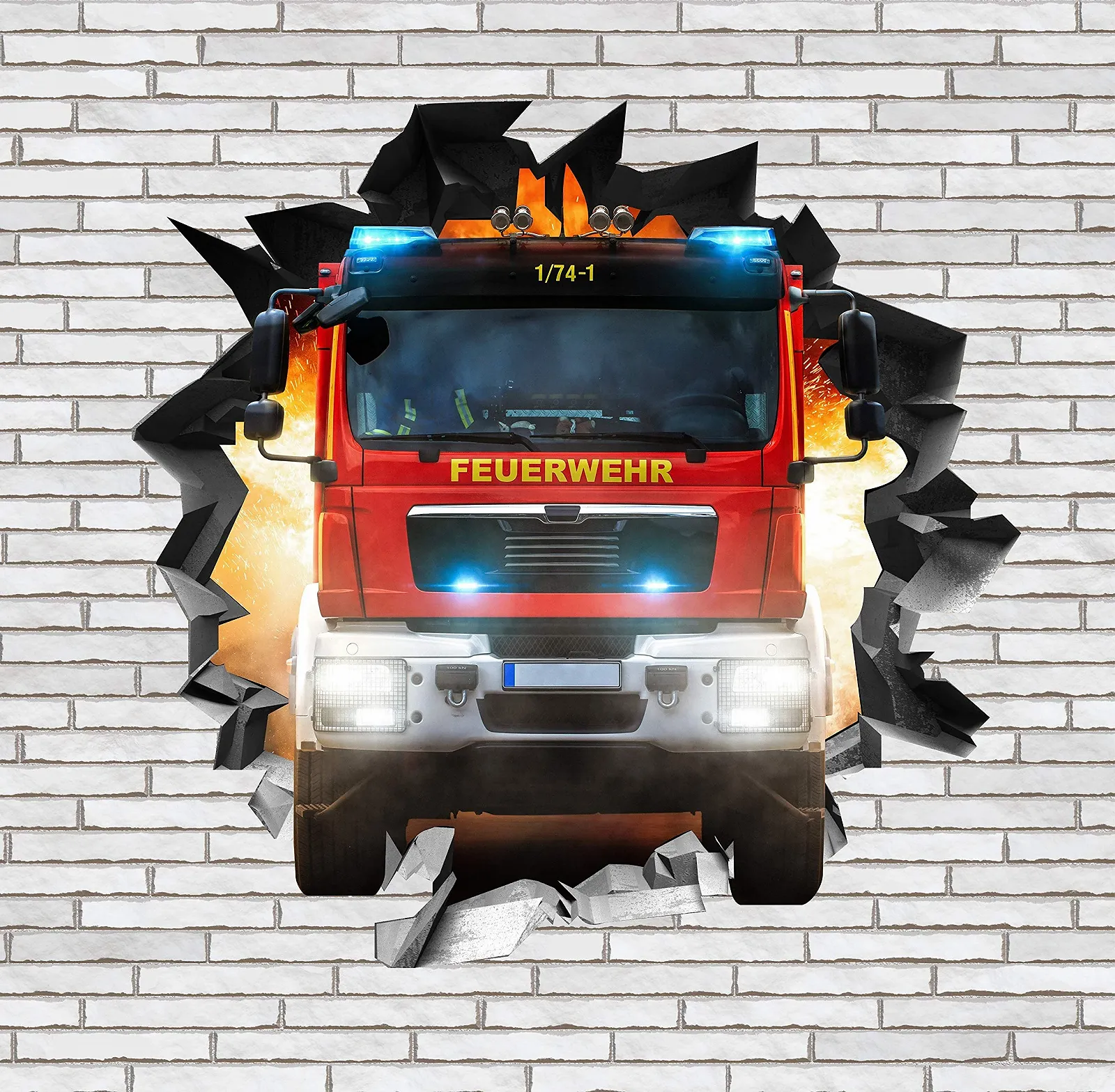 Наклейка на стіну BLACK LABEL GRAFX® WallArtML214 Пожежна машина Отвір у стіні 3D-ефект 102 x 100 см, фото №2