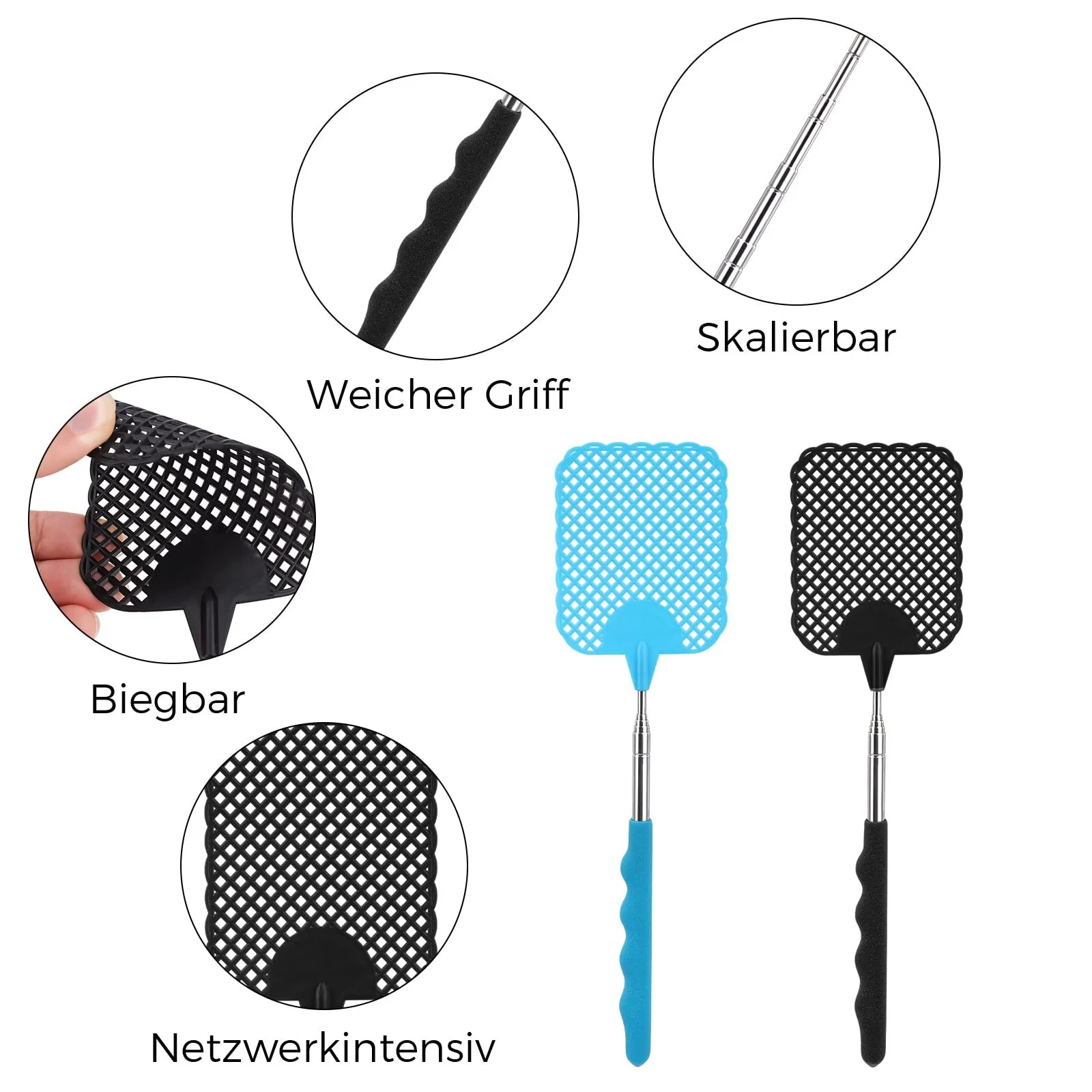 Мухобойка Pack of 2 телескопическая с интегрированным скребком для комаров (Black, Blue), фото №4