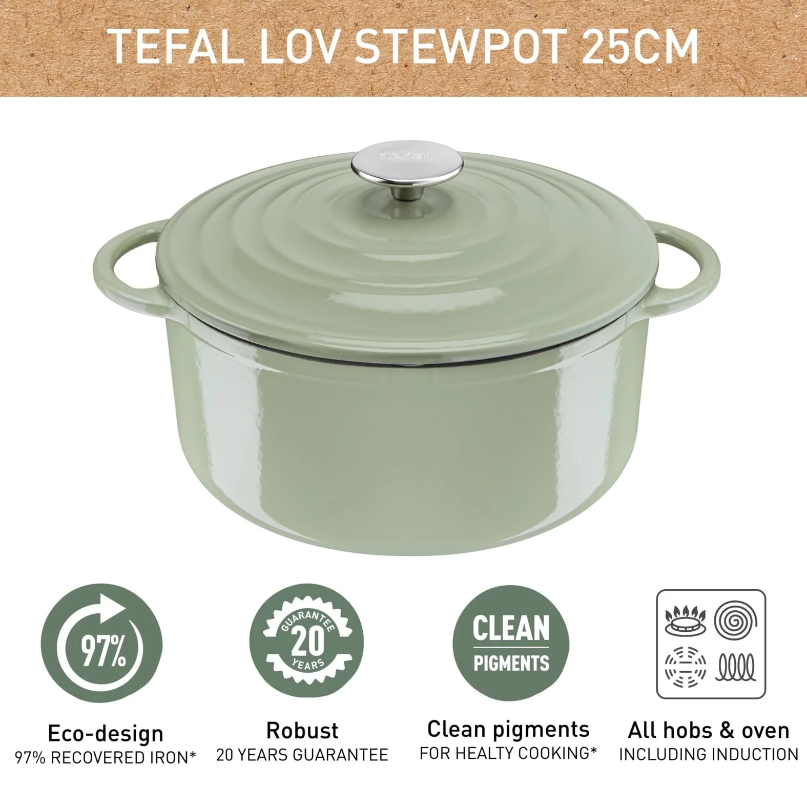 Каструля-жаровня Tefal LOV E2580504 чавунна індукційна з кришкою 7,4 л Зелена, фото №2 Каструля-жаровня Tefal LOV E2580504 чавунна індукційна з кришкою 7,4 л Зелена, фото №2