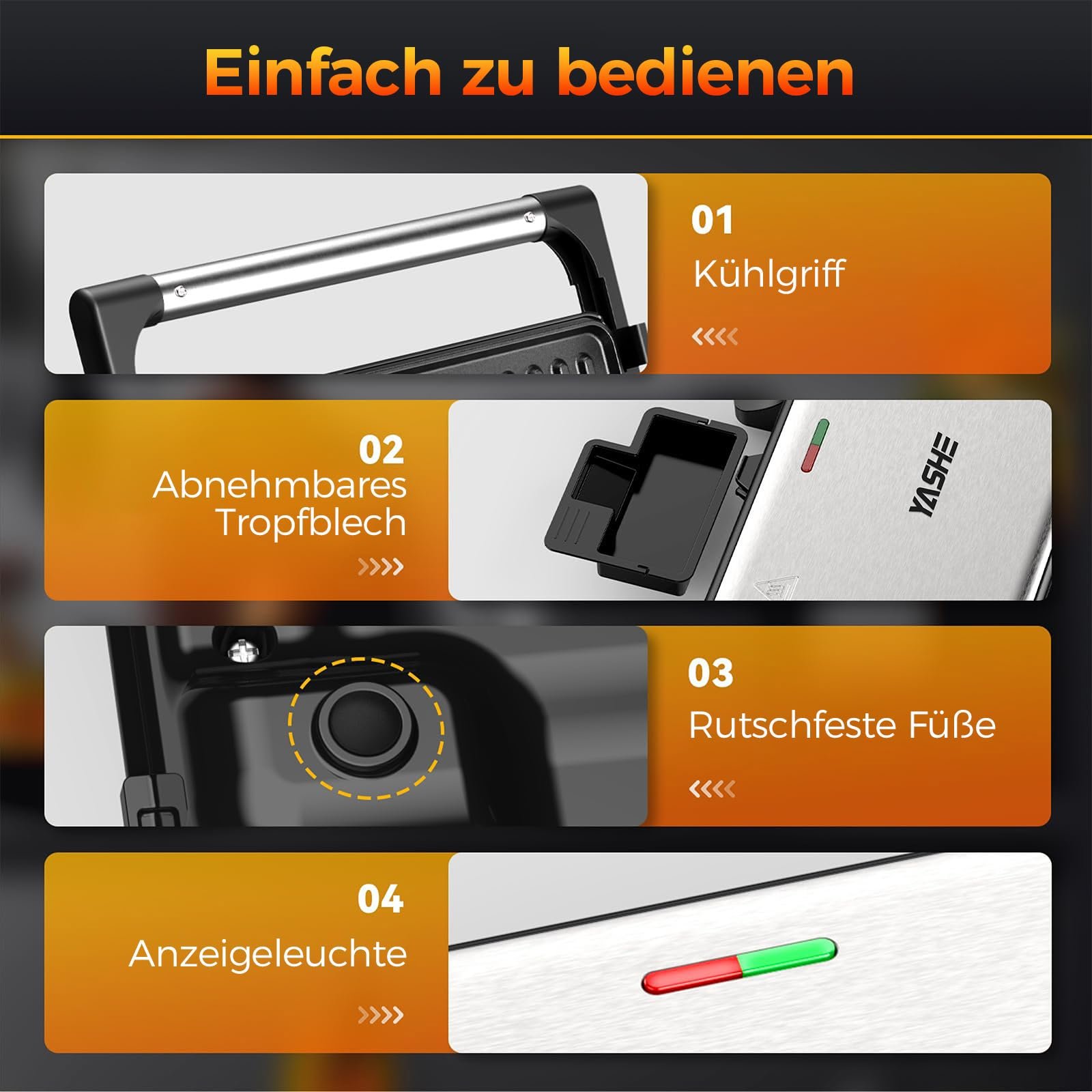 Гриль YASHE 1500 Вт, гриль для паніні, XXL пластини з антипригарним покриттям, автоматичний контроль температури, фото №6