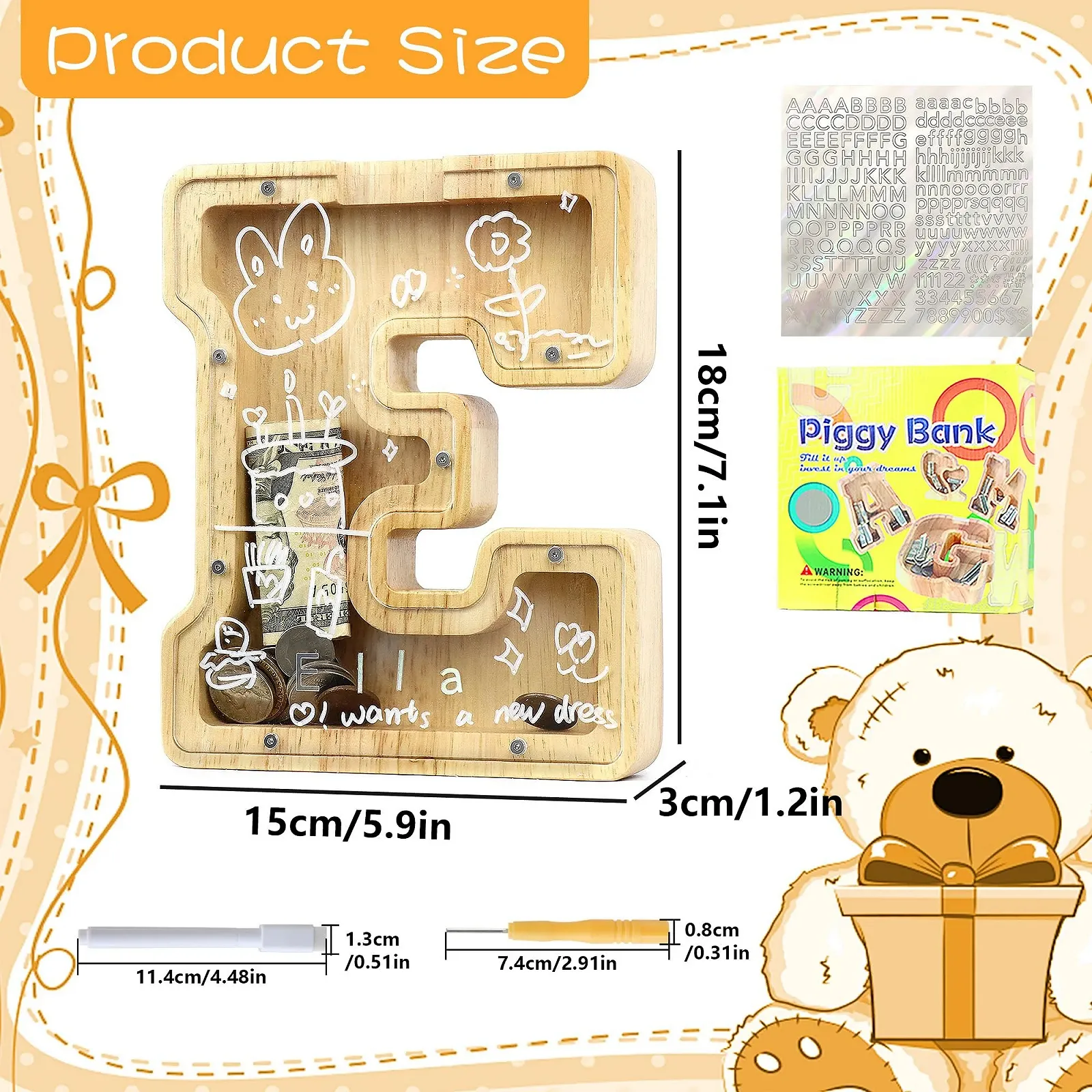 Копилка Lakpopya E деревянная прозрачная в форме буквы с маркером и наклейками 18 см, фото №2