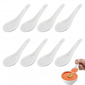 Ложки для супа 8 шт, Керамические китайские ложки для супа, Ложки для рамена, Азиатские ложки для супа, Керамические кухонные ложки для супа, Маленькие столовые ложки, Ложки для дома, кухни, супа, салата, Белые - Фото 1