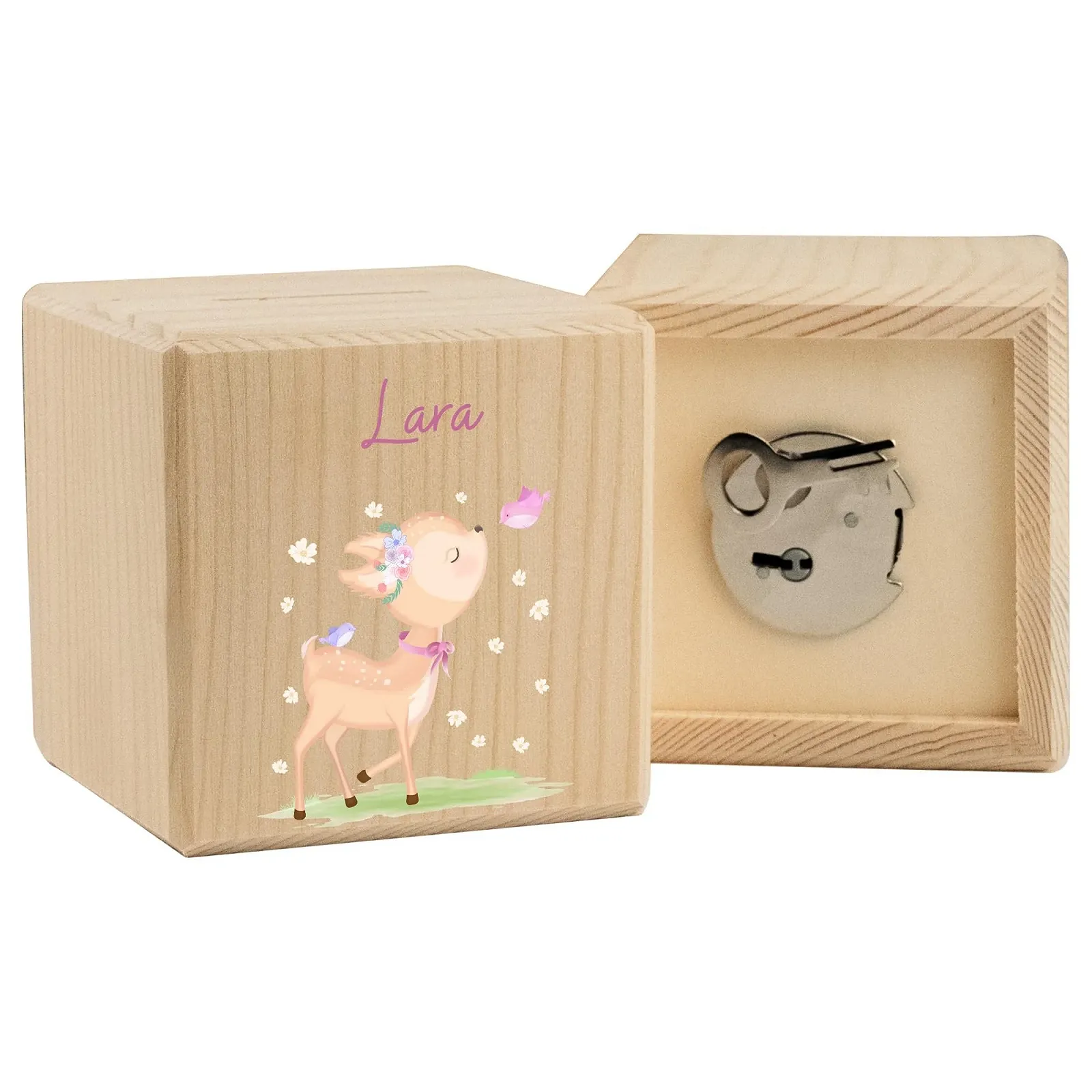 Скарбничка LARIFEE Deer Fawn with Butterfly дерев'яна персоналізована із замком та ключем куб, фото №1