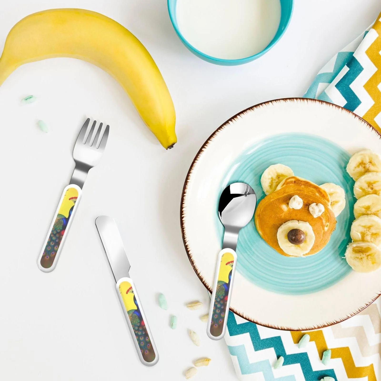 Набір дитячих столових приборів з принтом Квіти павича, 3 предмети, багаторазовий, фото №6 Набір дитячих столових приборів з принтом Квіти павича, 3 предмети, багаторазовий, фото №6