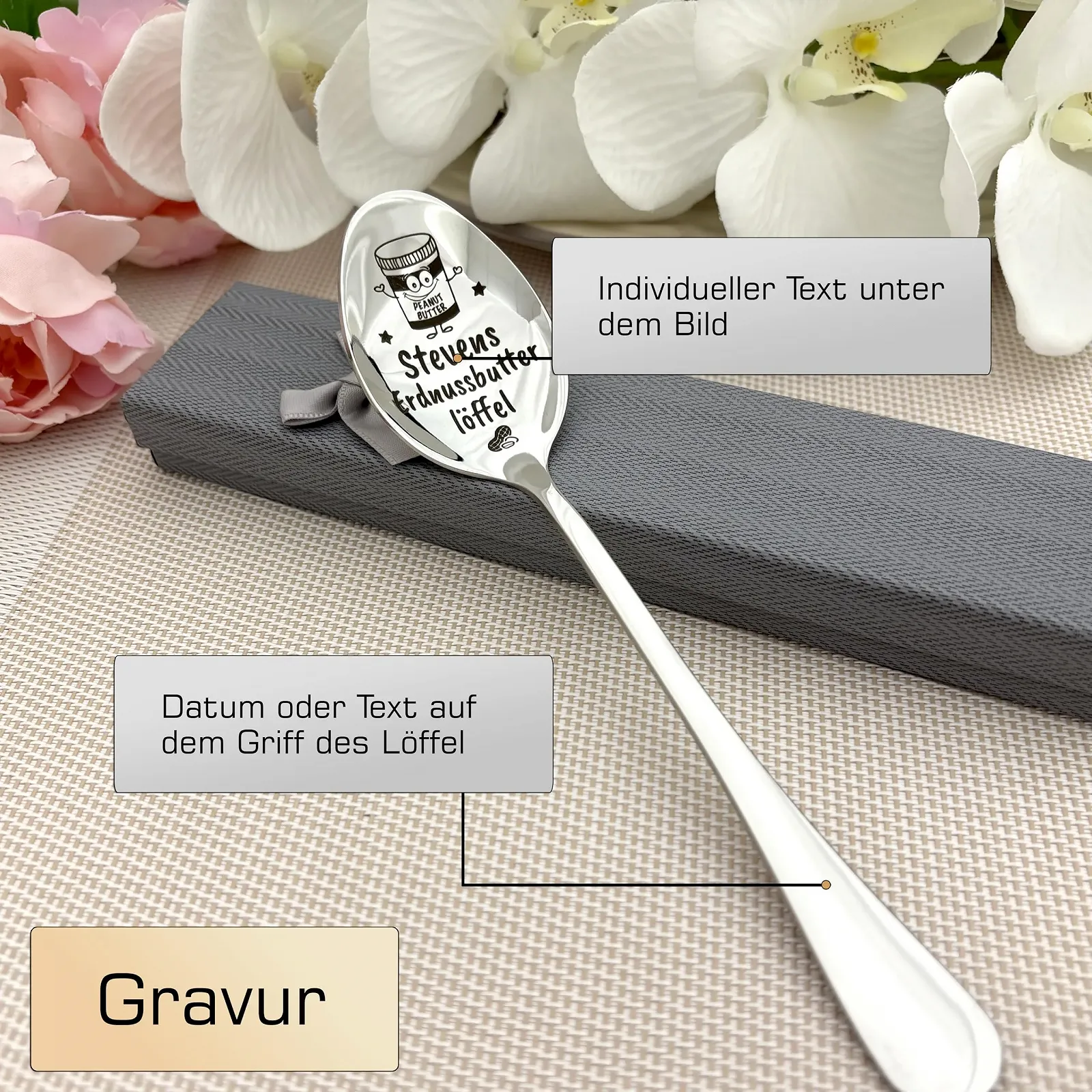 Ложка для арахісової пасти з іменем, полірована нержавіюча сталь, гравіювання, подарунок, фото №2