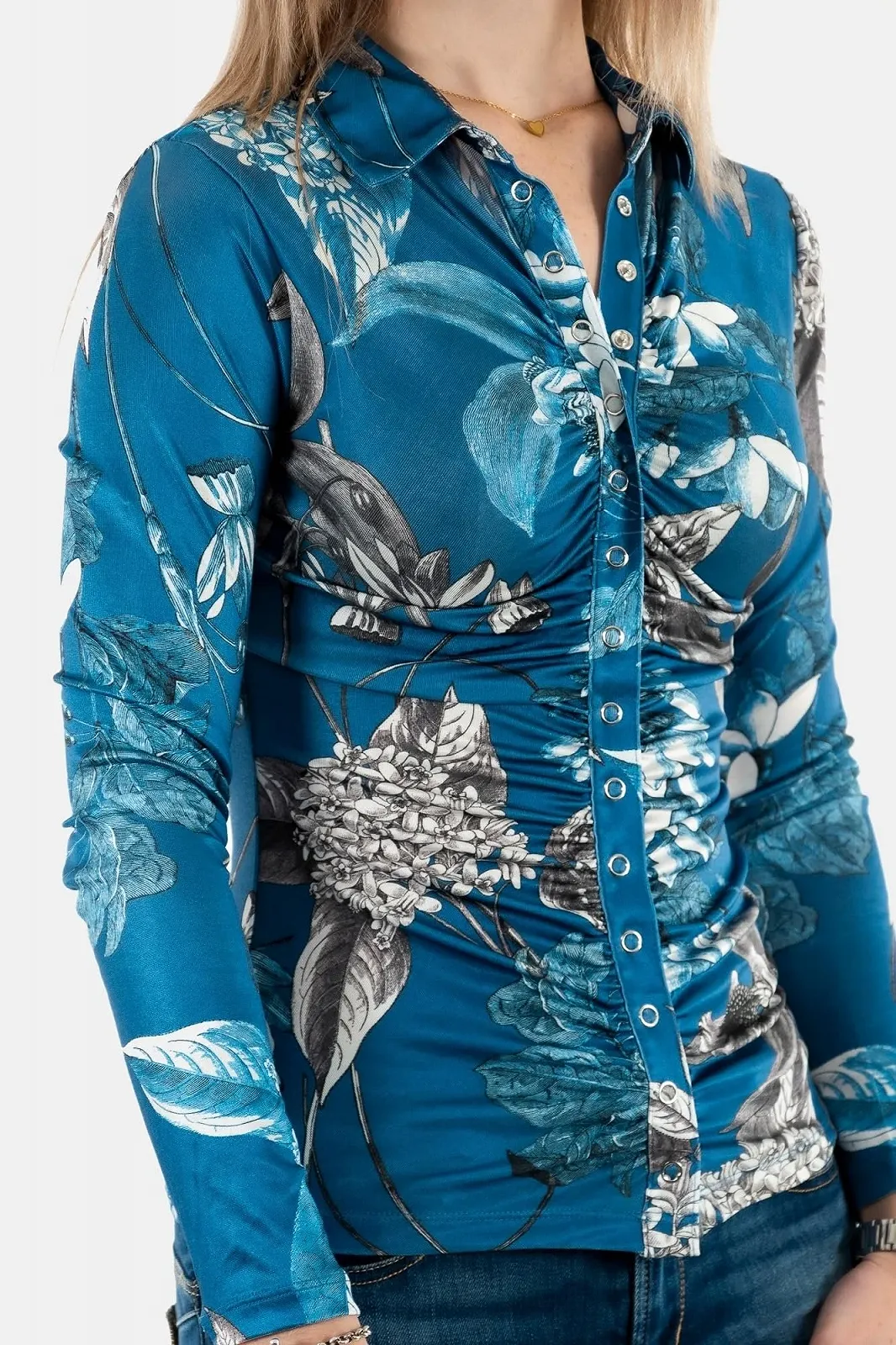 Блузка Джинсова GUESS Shirrednap Mila P7MF Phantom Flora Print синя, Small, фото №3