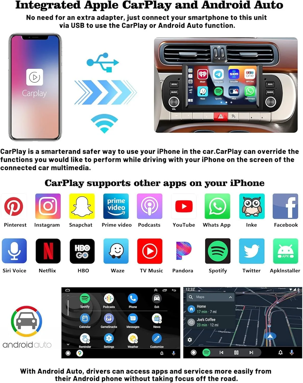 Штатна автомагнітола Hikity для Fiat Panda 2013-2020р / 7" / Сенсорна / 2/64 Гб / Android 13 / Carplay / Android Auto / WiFi / Bluetooth / USB / GPS / USB / DAB+, фото №3