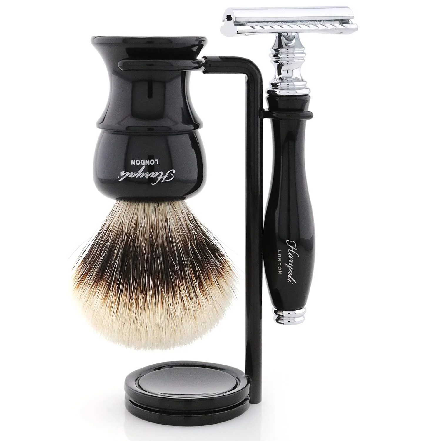 Набор для бритья Black Colour Silver Tip Badger с подставкой и Т-образной бритвой черный, фото №2 Набор для бритья Black Colour Silver Tip Badger с подставкой и Т-образной бритвой черный, фото №2