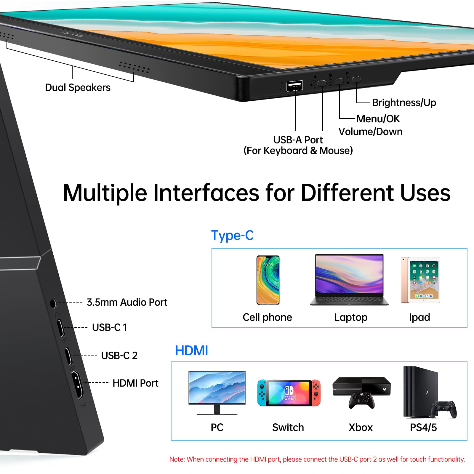Монітор ZFTVNIE Touchscreen Portable 14 дюймів FHD 1920 x 1080P IPS HDR Display Touchscreen HDMI USB Type-C, фото №7