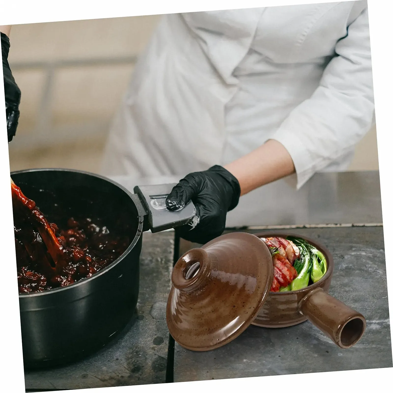 Кастрюля из грубой глины С крышкой Антипригарная С ручками Термостойкая, фото №5