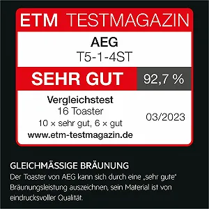 Тостер AEG Deli 5 T5-1-4ST, 7 налаштувань, таймер зворотного відліку, кнопки Стоп, Розморозка, Підігрів, автоматичне центрування, корпус Cool Touch, широкі слоти, піддон для крихт, нержавіюча сталь synthetic.ua - Фото 1