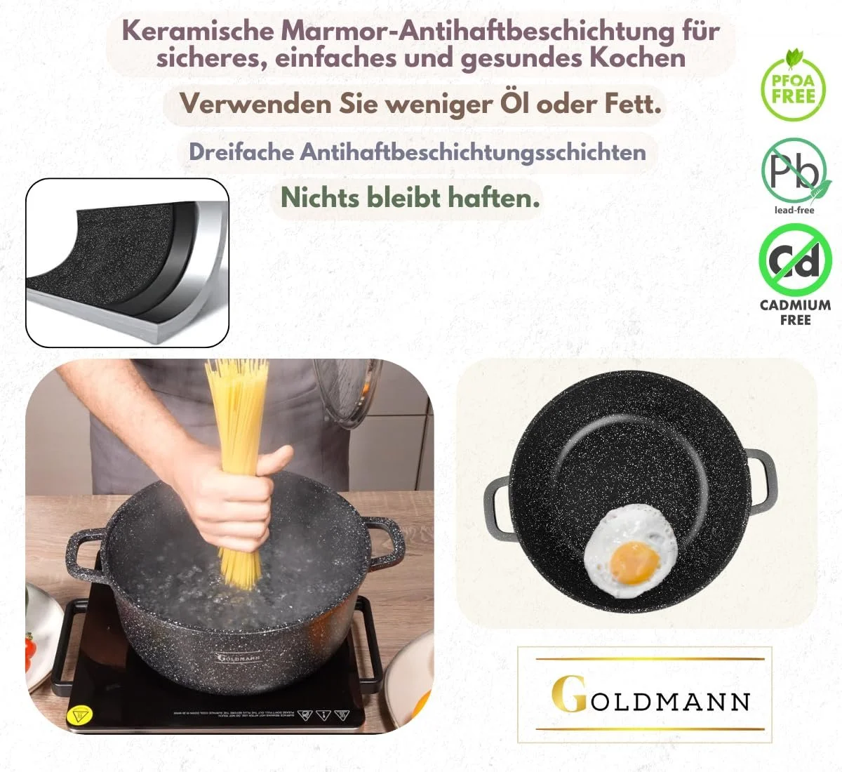 Кастрюля GOLDMANN 28 см с антипригарным покрытием и стеклянной крышкой, 6.5 л, мраморное керамическое покрытие, для всех типов плит, экологичная, фото №5 Кастрюля GOLDMANN 28 см с антипригарным покрытием и стеклянной крышкой, 6.5 л, мраморное керамическое покрытие, для всех типов плит, экологичная, фото №5