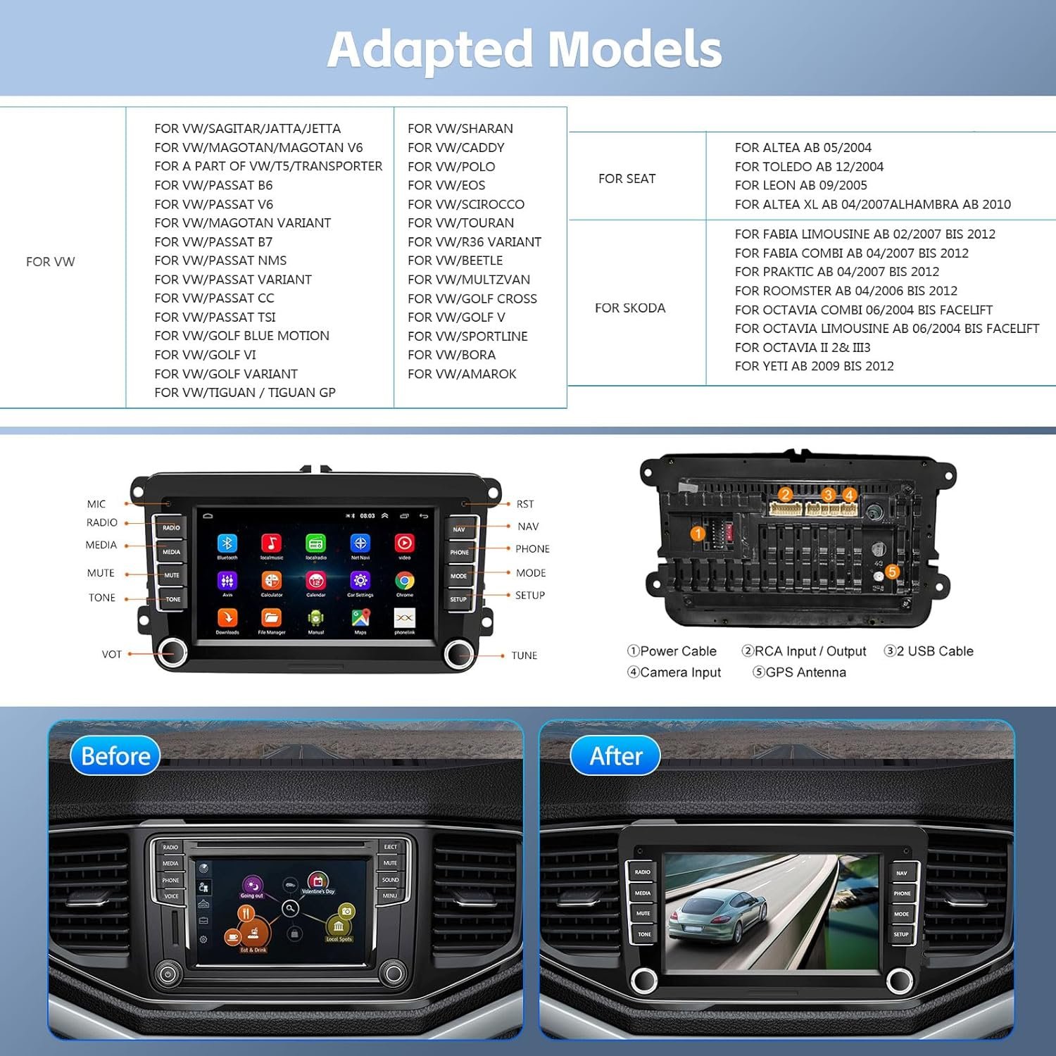 Штатна автомагнітола SIXTOP для VW Golf 5 6 Polo T5 Tiguan Caddy Skoda Passat B6 B7 Touran / 7" / Сенсорна / 1/32Гб / Android 13 / Apple CarPlay / Android Auto / Bluetooth / WI-FI / GPS / FM / USB / DAB+, фото №2