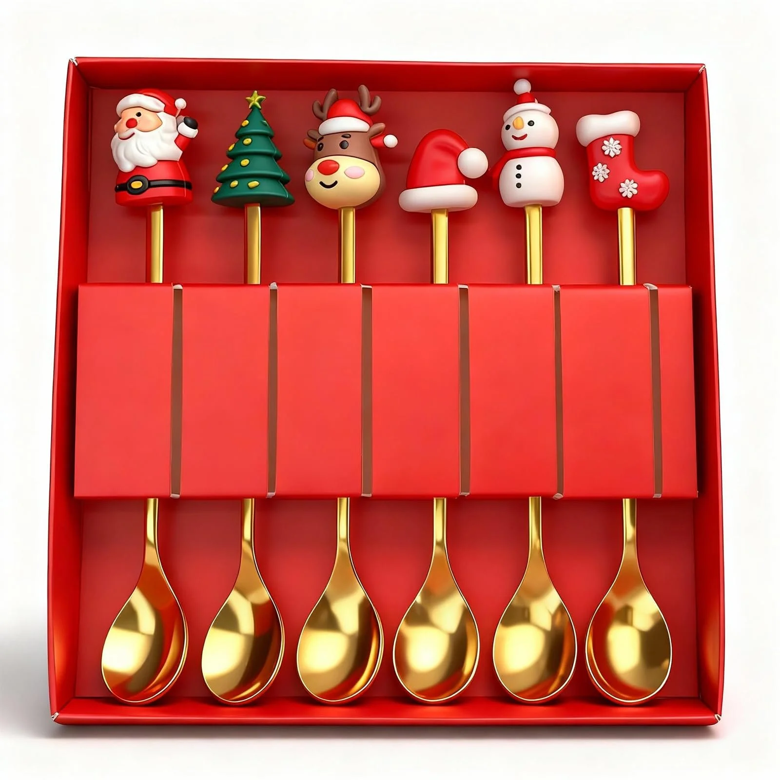 Ложка Різдвяна Набір 6 шт Золоті різдвяні прибори з фігурками, фото №1
