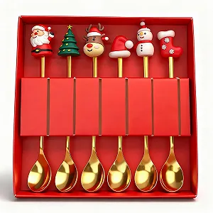 Ложка Рождественская Набор 6 шт Золотые рождественские приборы с фигурками - Фото 1