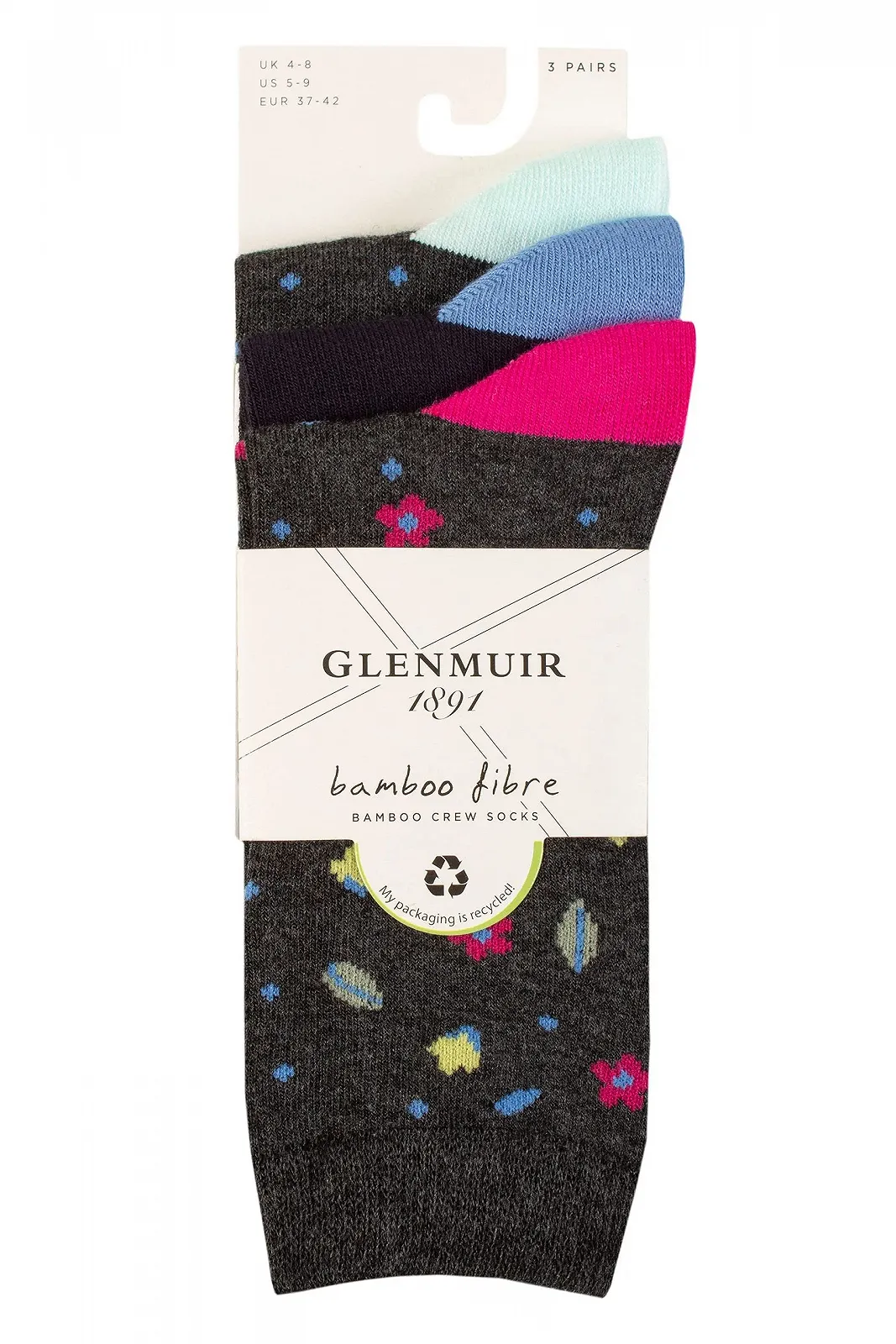 Носки GLENMUIR Женские узорчатые бамбуковые, 3 пары, цветы charcoal, фото №2