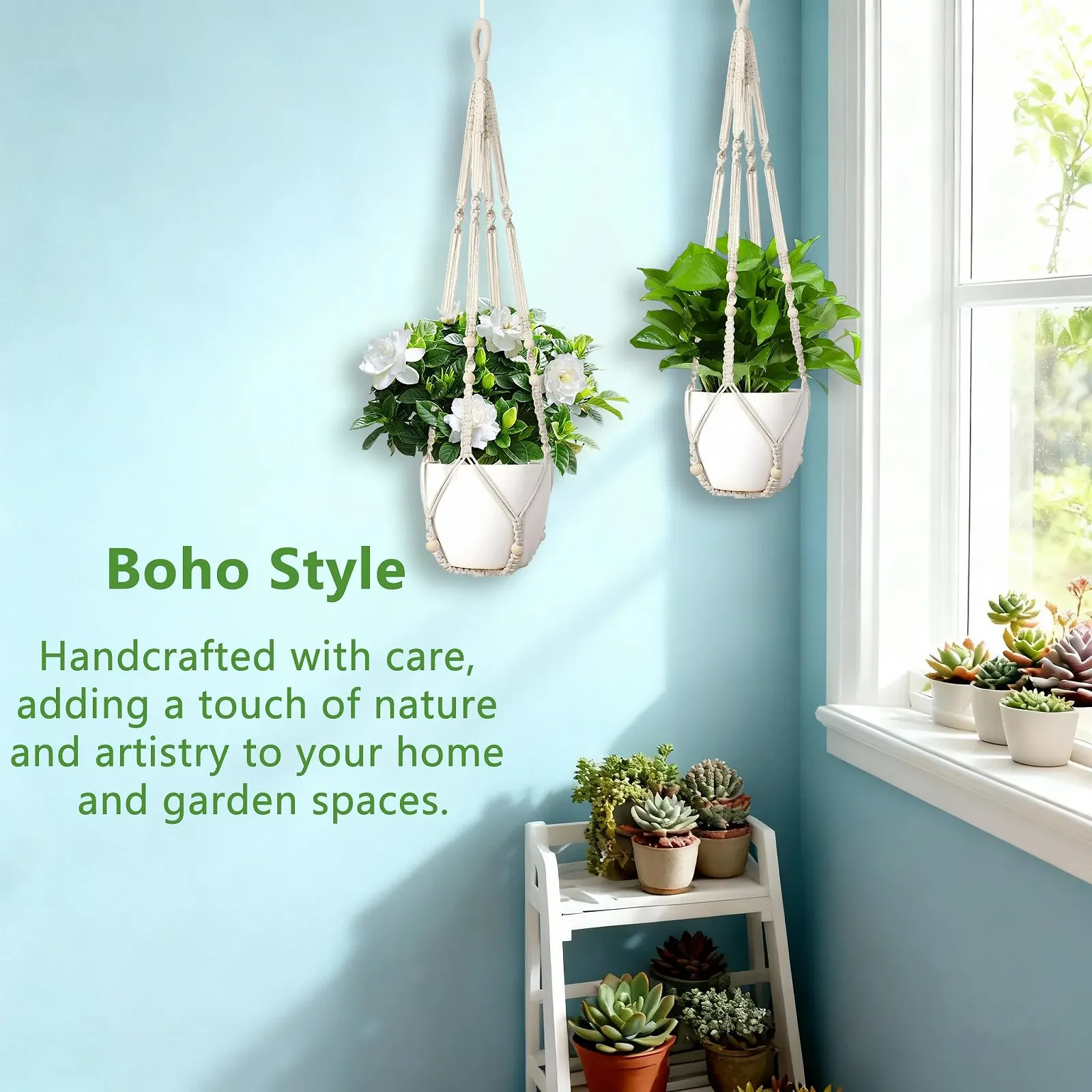 Подвесные корзины макраме Набор из 2 шт хлопковые 89 см с крючками Белый, фото №3