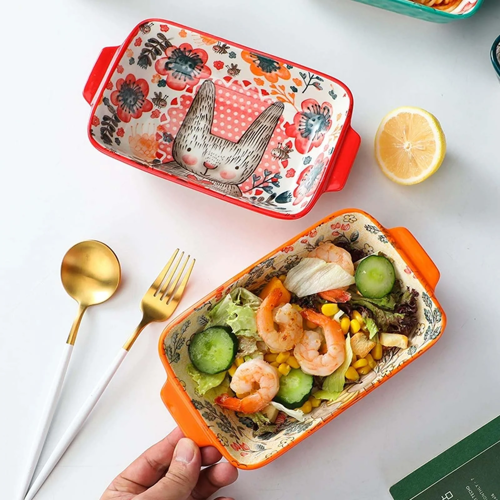 Форма для запекания керамическая прямоугольная маленькая с ручками для крем-брюле и лазаньи Оранжевая, фото №6