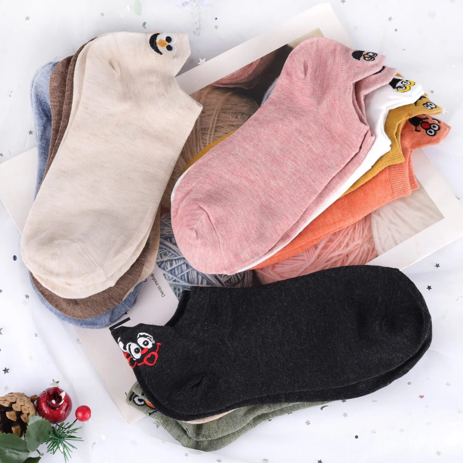 Носки Sneaker Girls' 10 пар Хлопок с высокой плотностью Удобные Милые вышитые женские носки Забавные (Случайный цвет), One Size, Мультяшные носки, фото №8