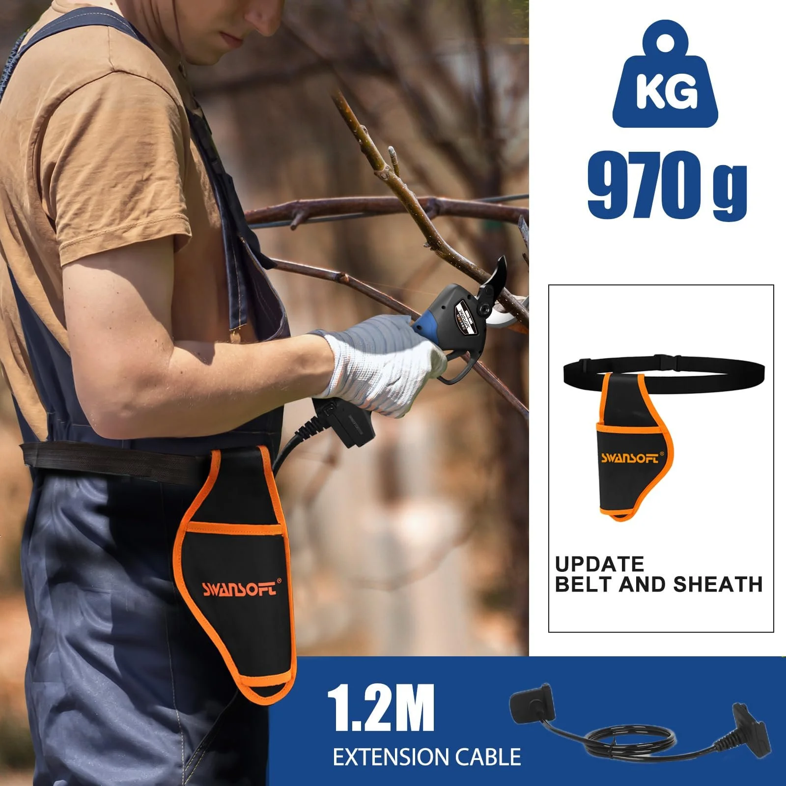 Секатор акумуляторний SWANSOFT 8605, 40 мм, 1050 Вт, 21 В, 2 А, для оливкових дерев, виноградника, фото №6