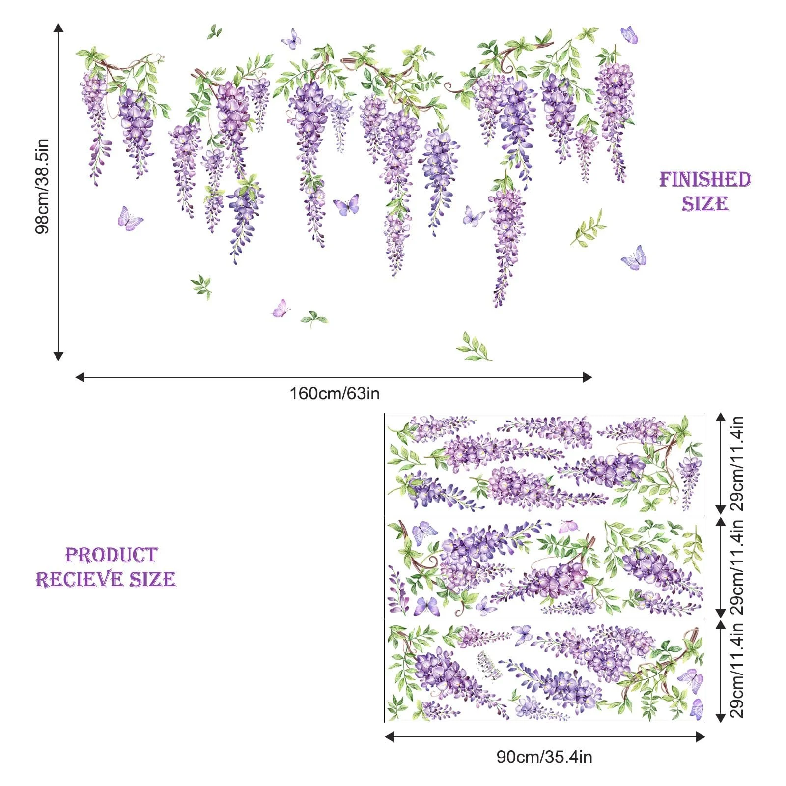 Наклейка на стіну Supzone Flowers Квіти гліцинії що звисають фіолетова для спальні та вітальні, фото №6