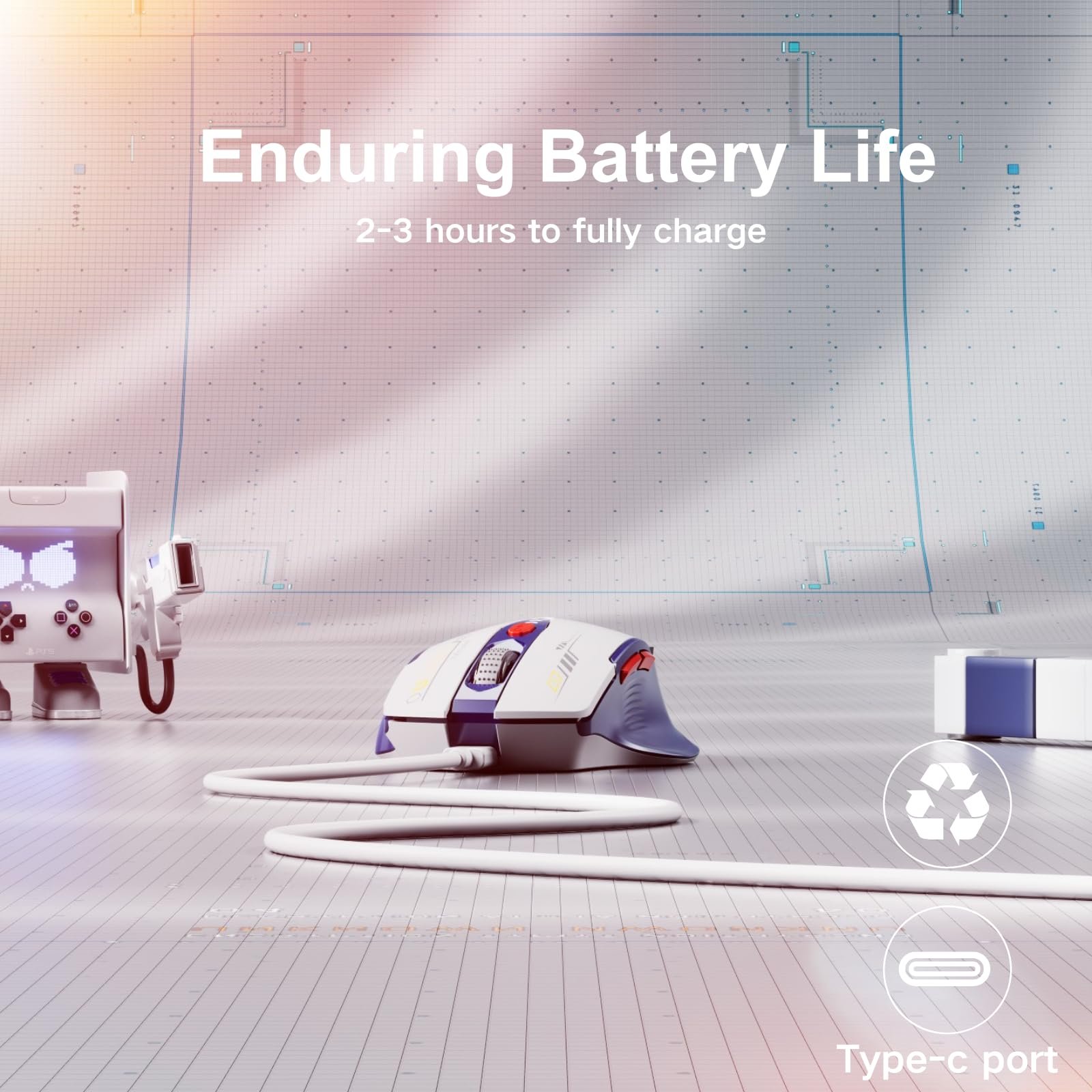 Миша Uineer Bluetooth Tri-Mode (BT 5.0/4.0+2.4G Hz) з індикатором рівня заряду батареї, ергономічна, бездротова з 4 регульованими рівнями DPI, синьо-біла, фото №5