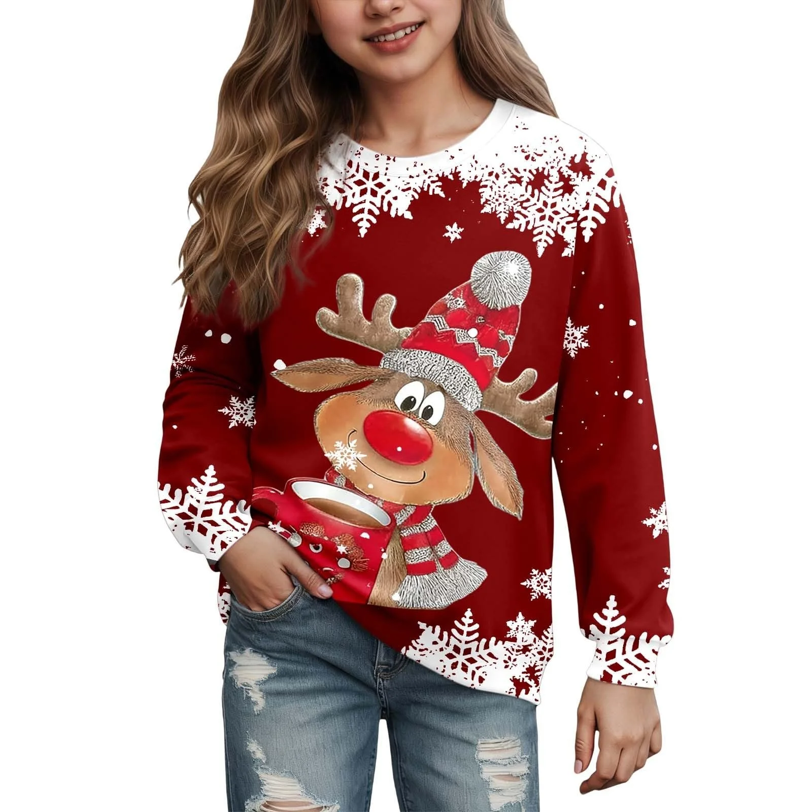 Пуловер Generisch Рождественский детский свитшот Повседневный топ Свитер для девочки с принтом, длинными рукавами, повседневный верх для ежедневной носки, фото №1