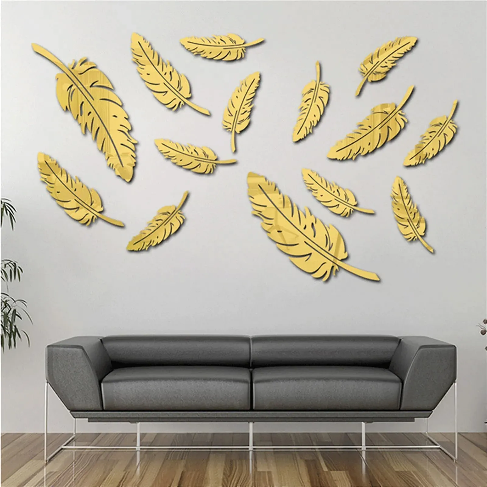 Наклейка на стіну 3D Mirror Acrylic Large Leaves Gold 15 шт., фото №1