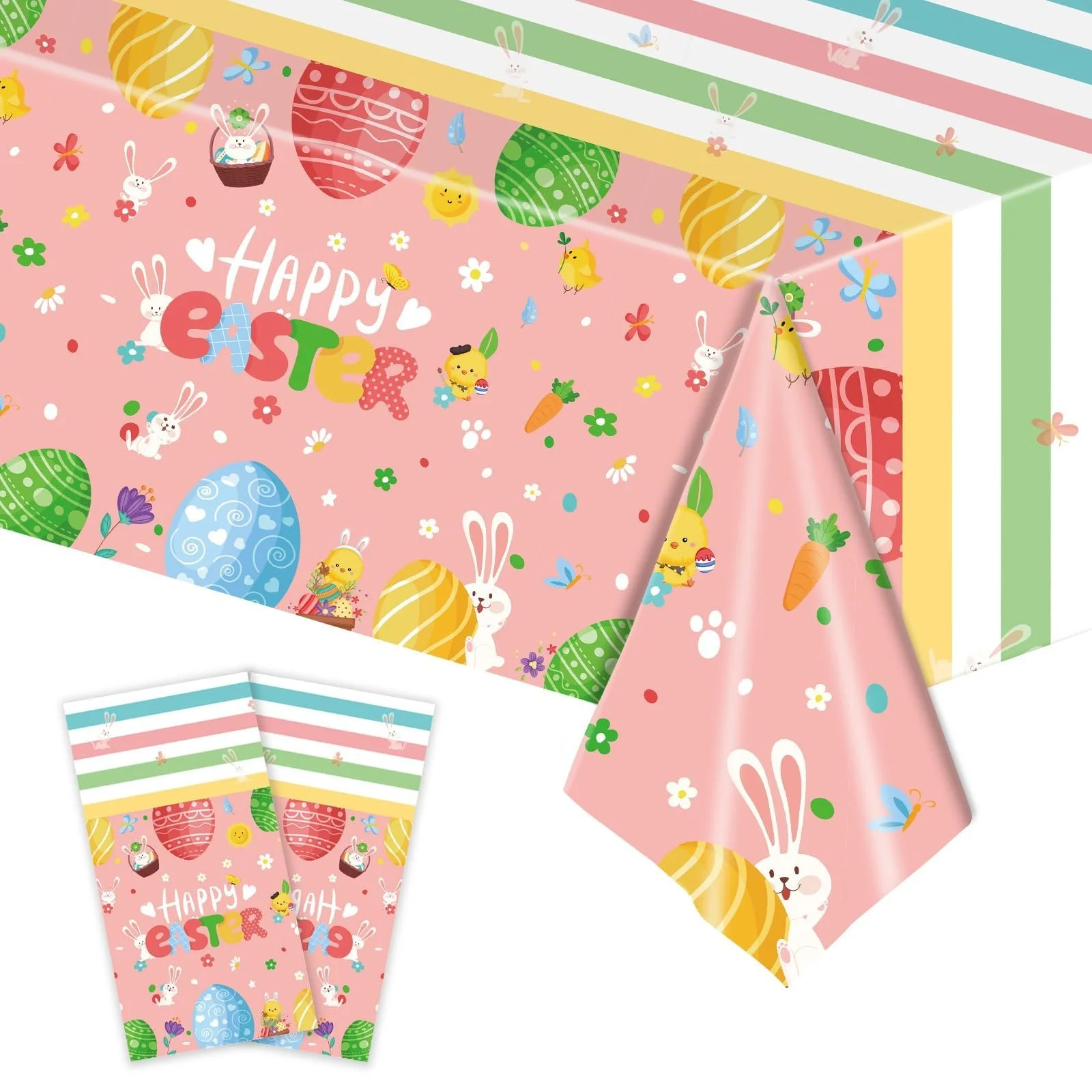 Скатертина Happy Easter набір 2 шт. пластикова, що миється, дизайн кролик та яйця рожева 137 x 274 см, фото №1