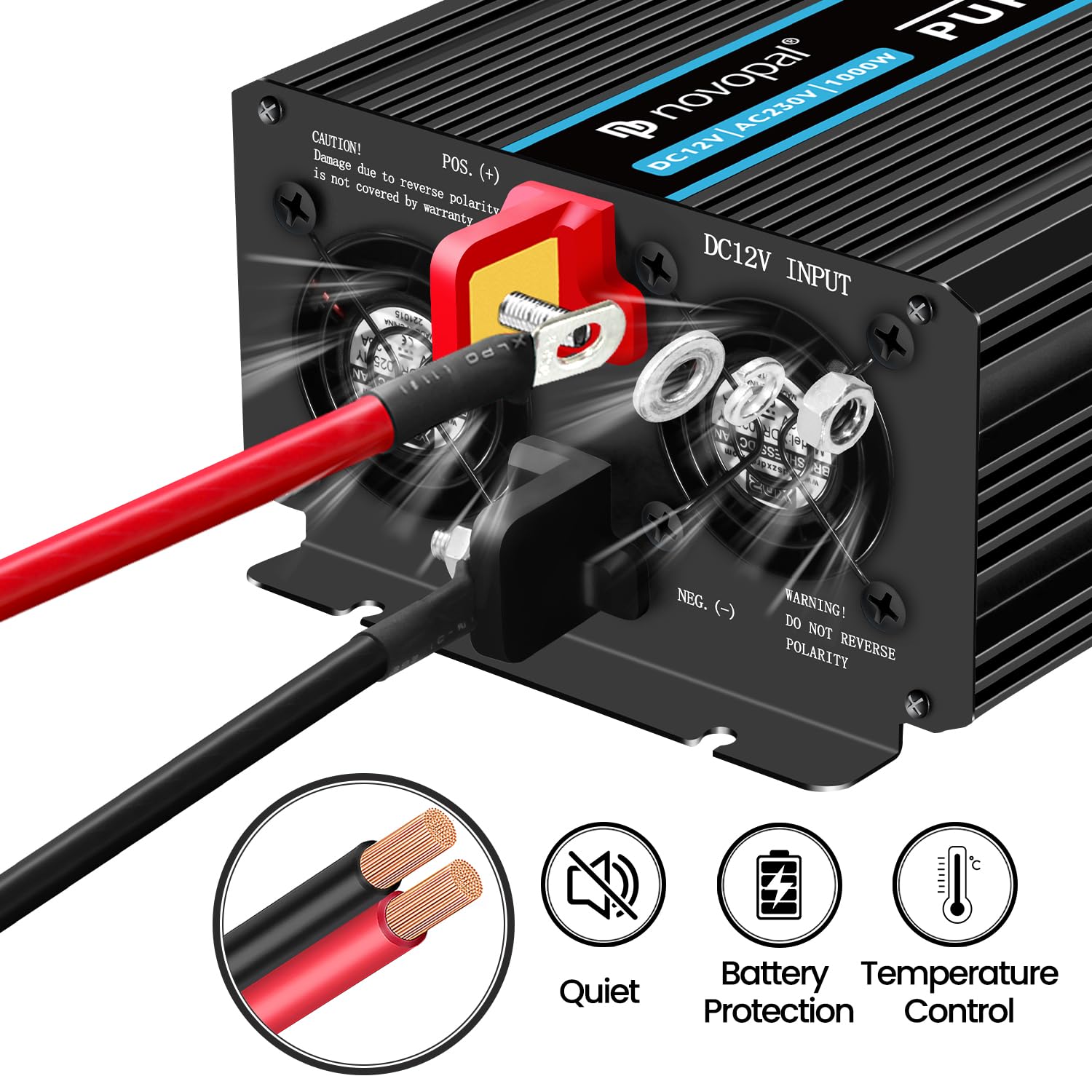Інвертор Novopal Voltage Converter 1000 Вт з чистою синусоїдальною хвилею 12 В до 230 В з 2 євро розетками та USB портом з дистанційним управлінням на 5 метрів, фото №3