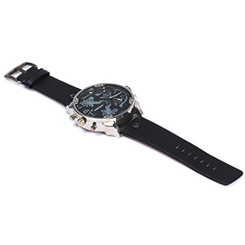 Чоловічий годинник Fenkoo військовий стиль великий циферблат два часові пояси шкіряний ремінець кварцовий, фото №6