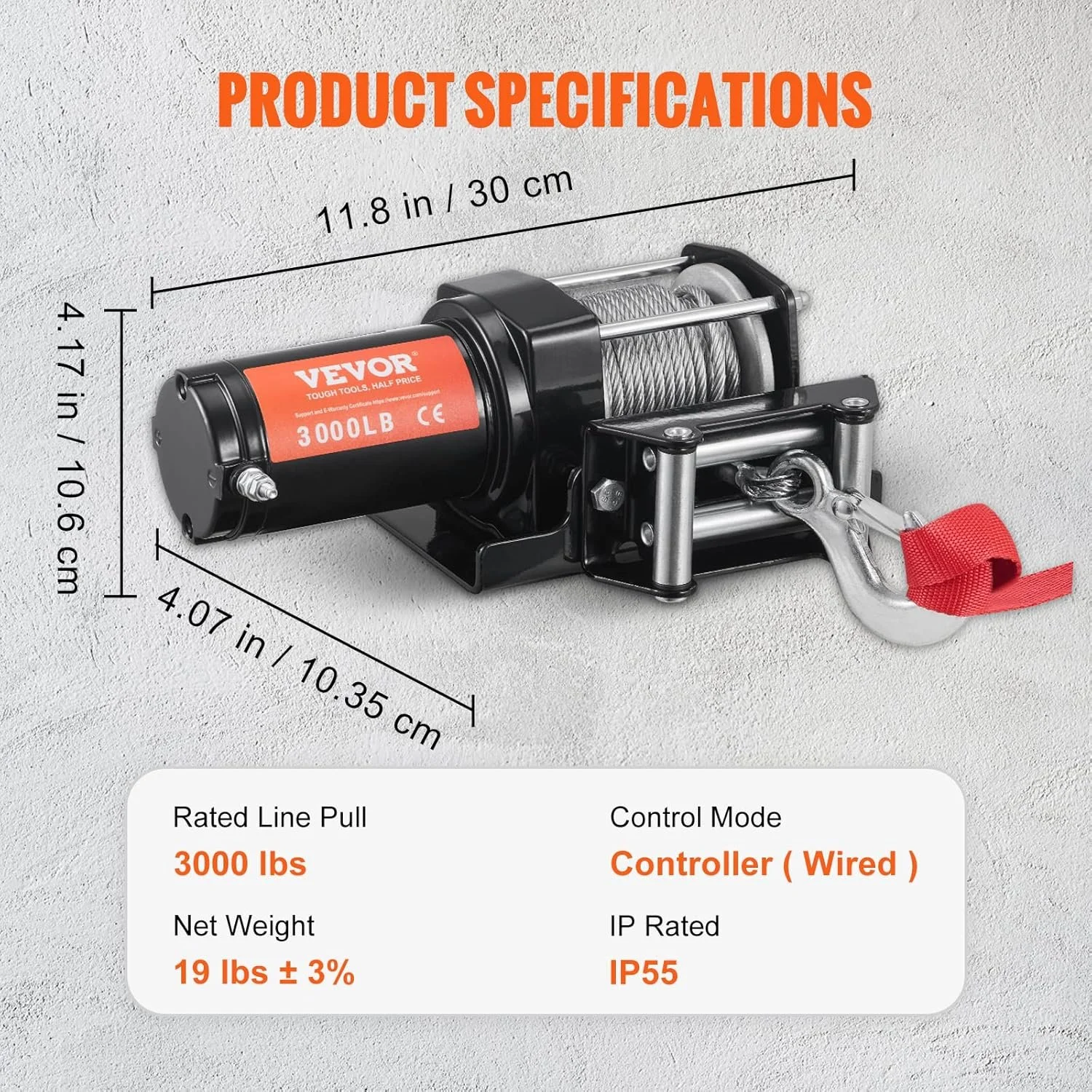 Электрическая лебедка VEVOR P3000-1C / 11.9 м / 12V / до 1.3 т / Водонепроницаемая / Черный, фото №5