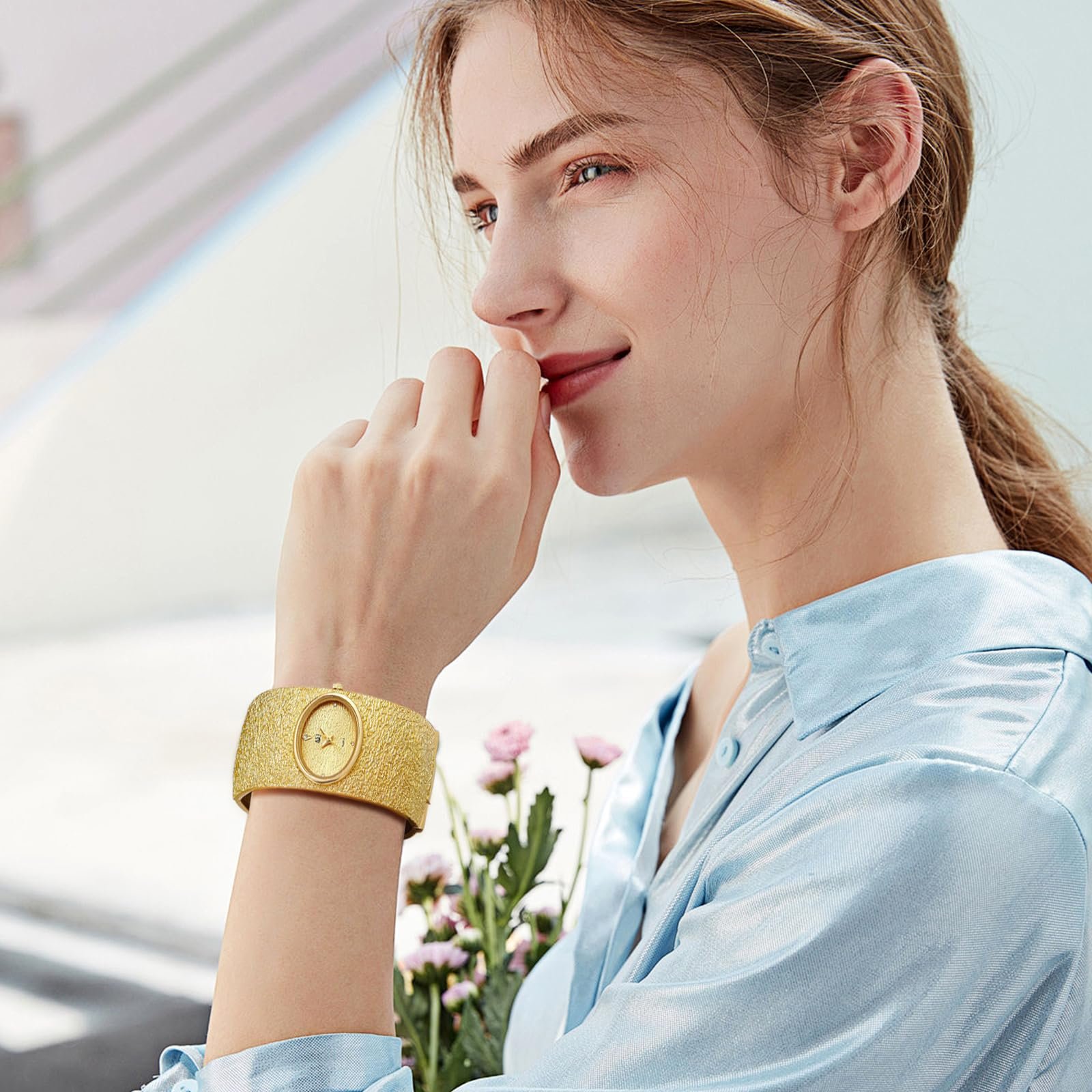 Женские часы Золотые овальные часы JewelryWe, аналоговые кварцевые наручные часы, массивный широкий открытый браслет-браслет, застежка из сплава, подарок для женщин и девочек, Золотой - Овальный, Люкс, фото №2