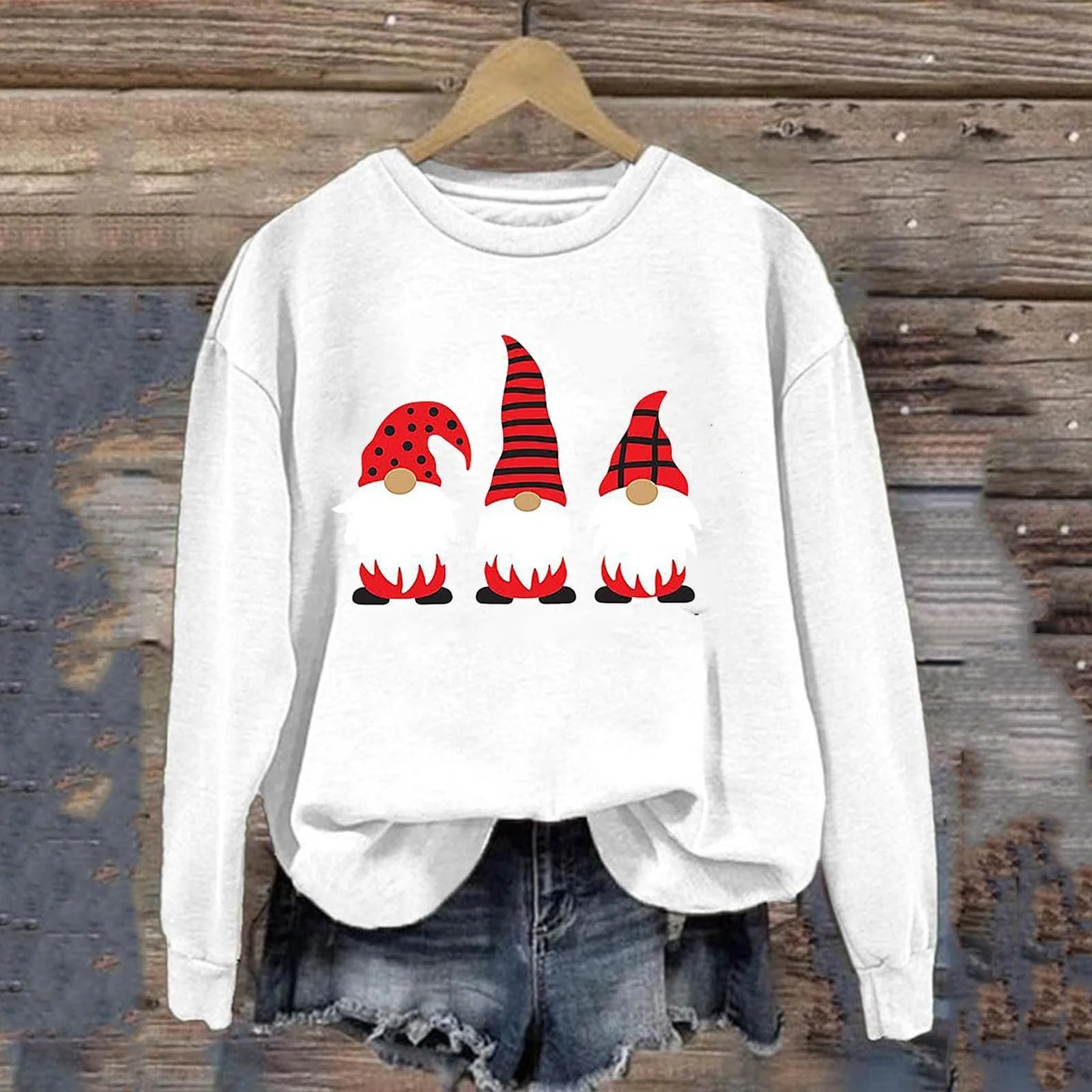 Женский свитшот с рождественским принтом эльфа, с длинными рукавами, без капюшона, фото №3