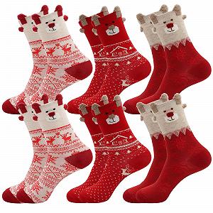 Носки VEGCOO Рождественские для женщин, красные, с жаккардовым оленем, забавные мультяшные носки-тапочки, теплые носки до икр, 3 дизайна, 2 пары каждого, хлопок, рождественские - Фото 1