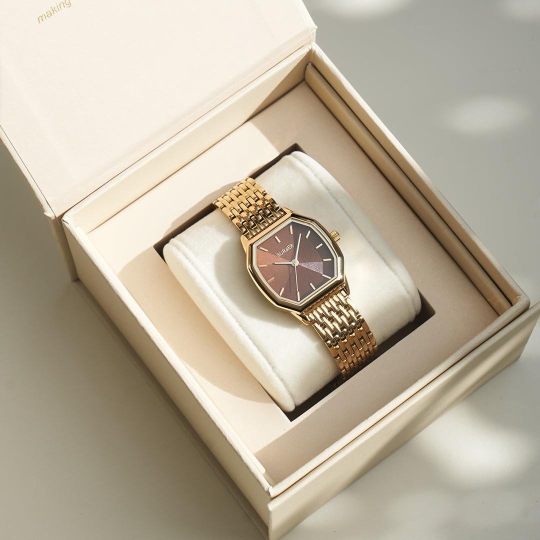 Женские часы BURKER Julia Шестигранный корпус Женские часы Браслет-звеньевой Нержавеющая сталь Аналоговый Кварцевый 3 ATM Водонепроницаемые - 32 мм - Золотой Коричневый, фото №3