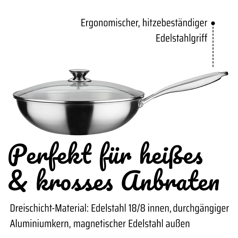 Сковорода-вок GSW Asia 868402 со стеклянной крышкой, диаметр 32 см, серебряная, фото №3 Сковорода-вок GSW Asia 868402 со стеклянной крышкой, диаметр 32 см, серебряная, фото №3