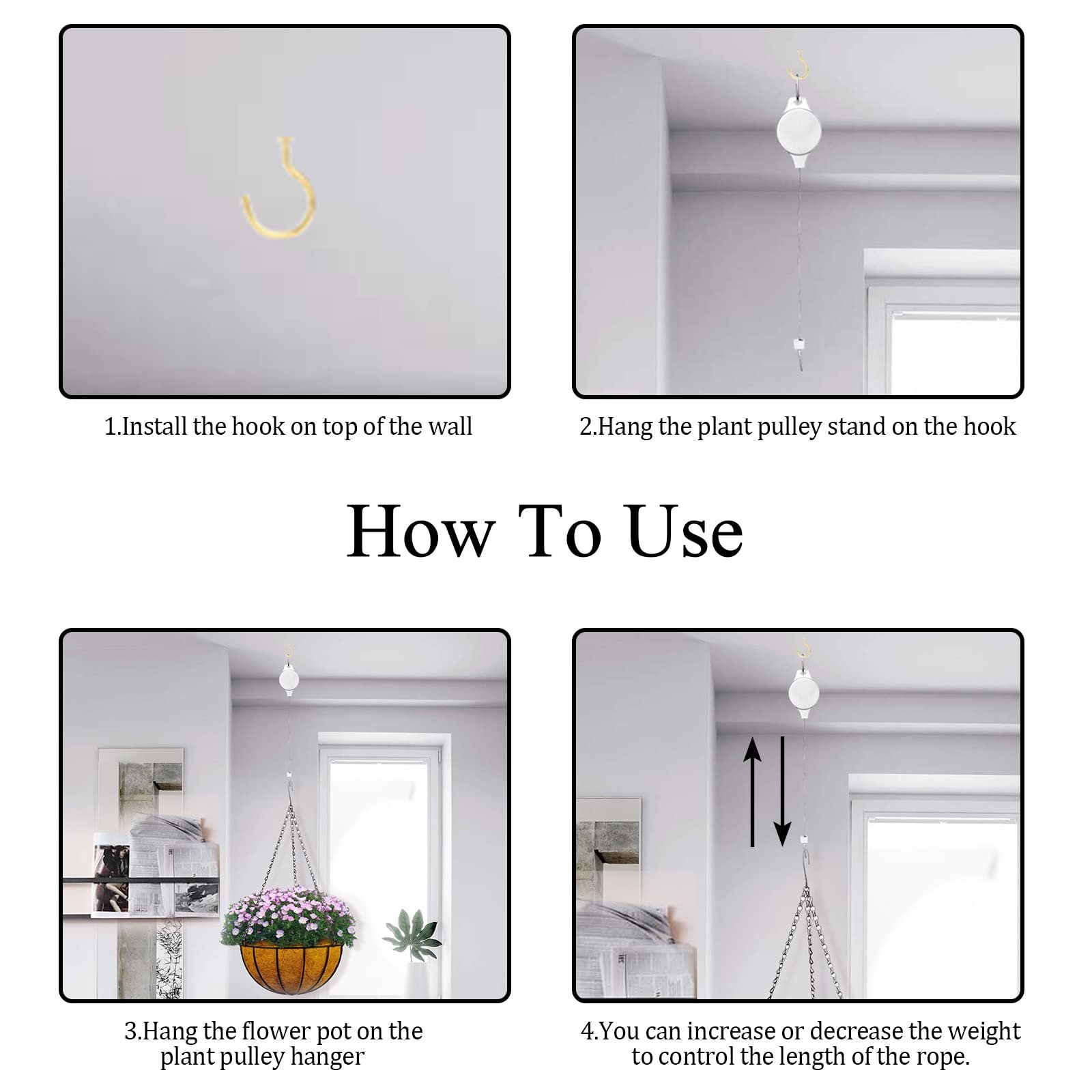 Регульовані гачки для підвісних кошиків Gueenky Pack of 4 висувні з тросом Білий, фото №4